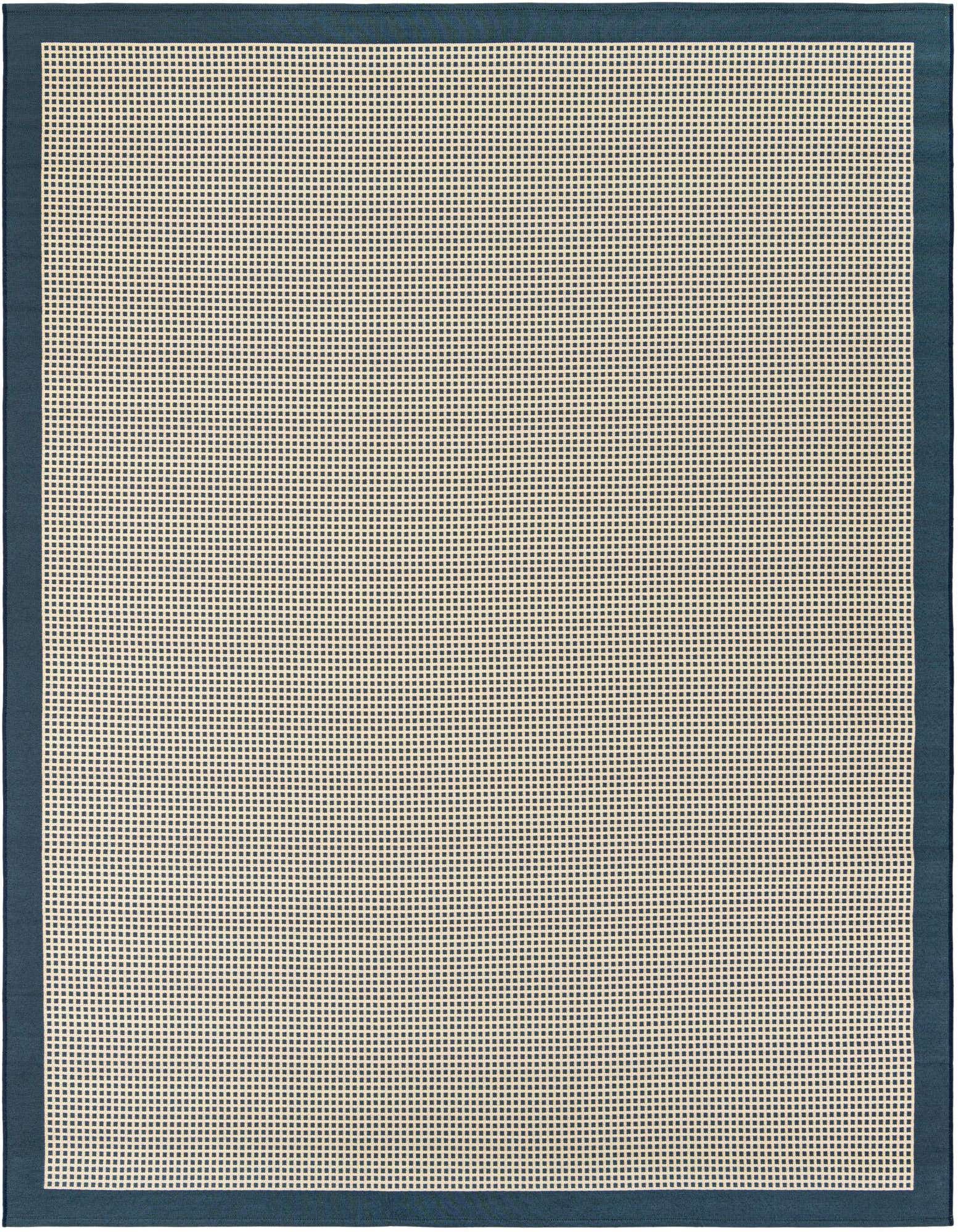 A rectangular 8x10 navy blue and cream modern flatweave rug with a grid pattern and solid border.