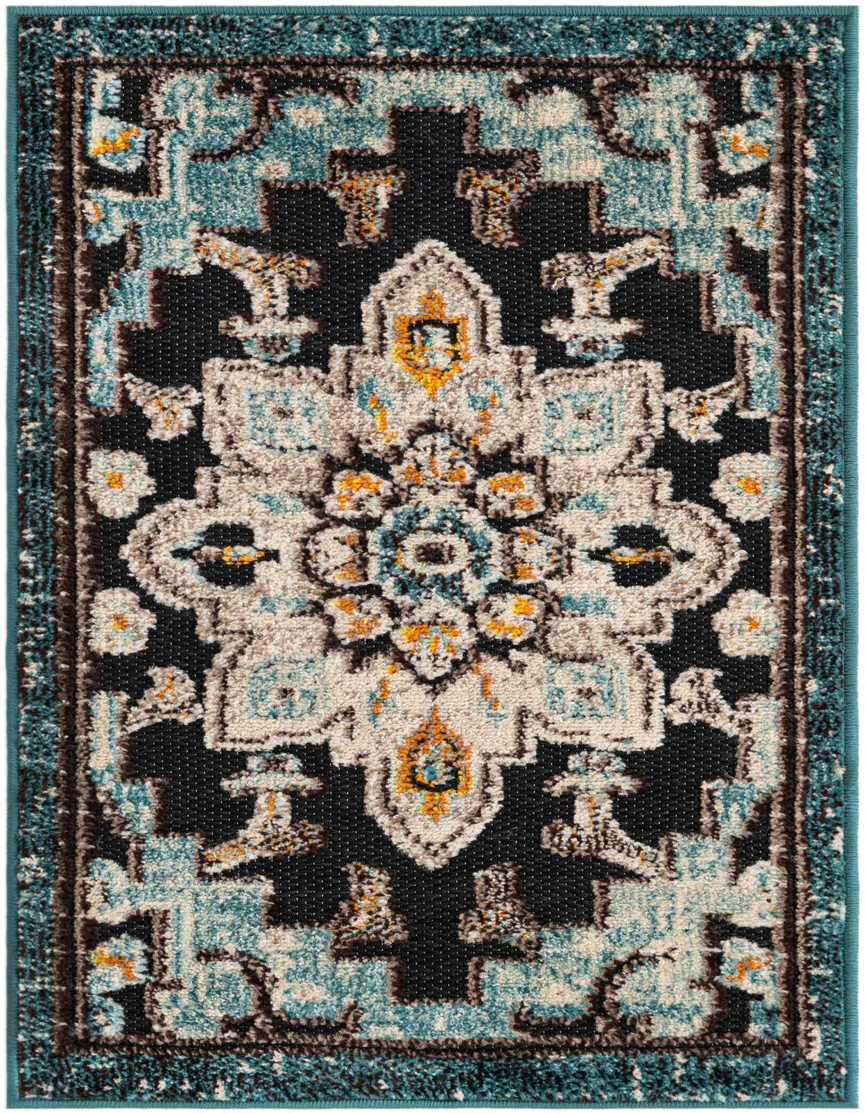 A 2x3 rectangular Rugs.com Outdoor Casablanca rug featuring a modern pattern in shades of blue, black, cream, and hints of orange.