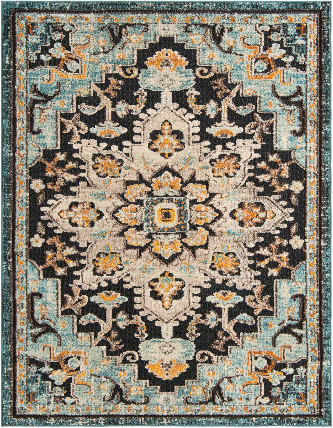 A rectangular 5x7 navy blue modern rug with a distressed medallion pattern in light blue, cream, and orange, suitable for a patio.
