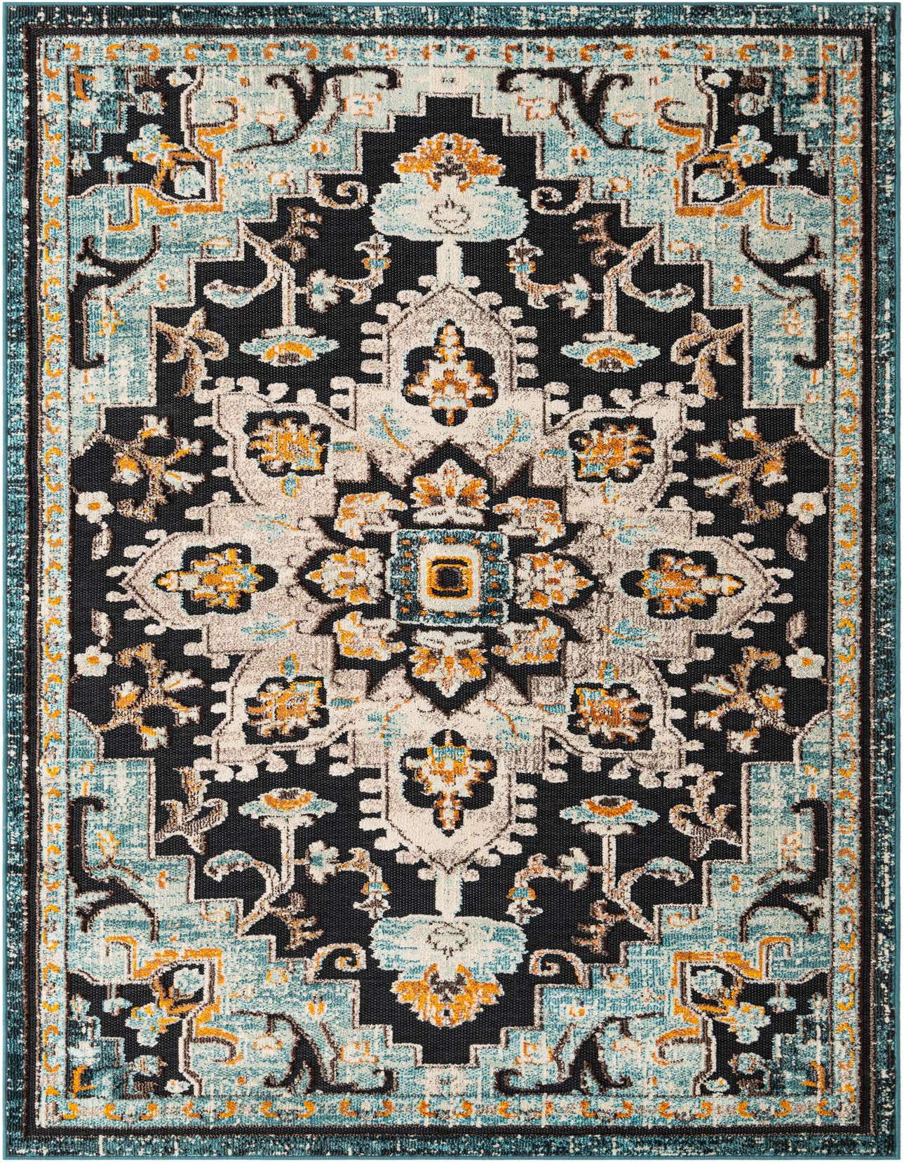 A 6x9 rectangular Rugs.com Outdoor Casablanca rug featuring a distressed modern pattern in blues, black, cream, and orange.