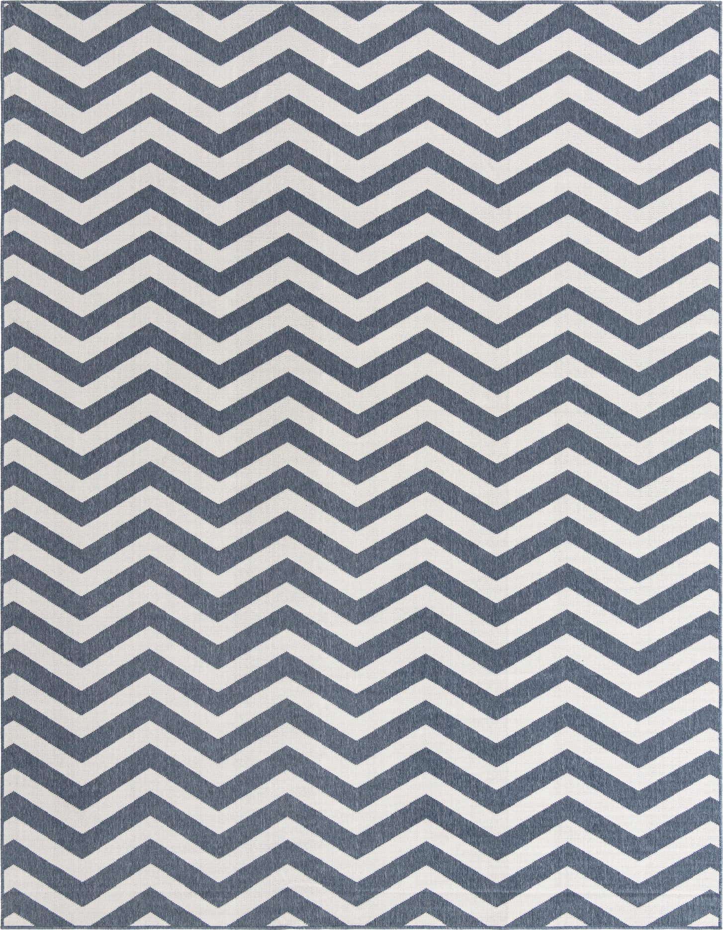 A 9x12 rectangular indoor/outdoor rug featuring a bold navy blue and white chevron pattern.