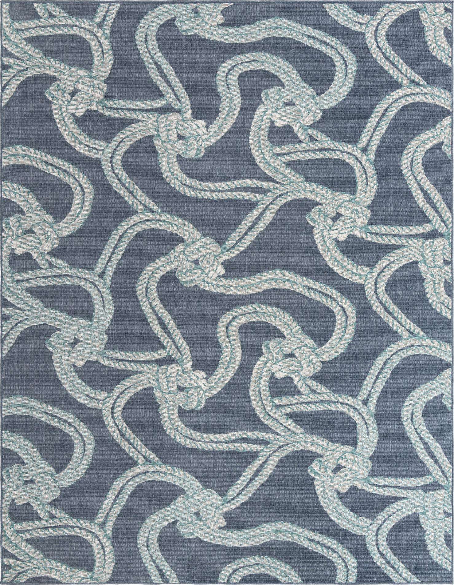A 9x12 rectangular navy blue rug with a light blue and white nautical rope knot pattern, suitable for indoor or outdoor use.