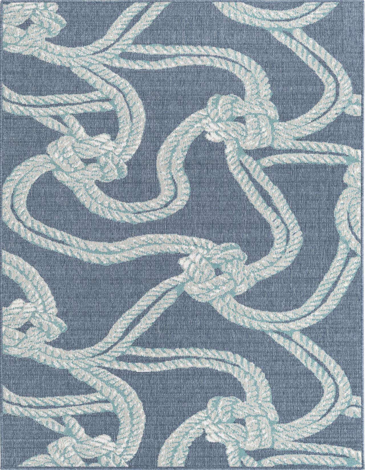 A 5x8 rectangular navy blue indoor/outdoor rug with a repeating pattern of light blue and white nautical ropes and knots.