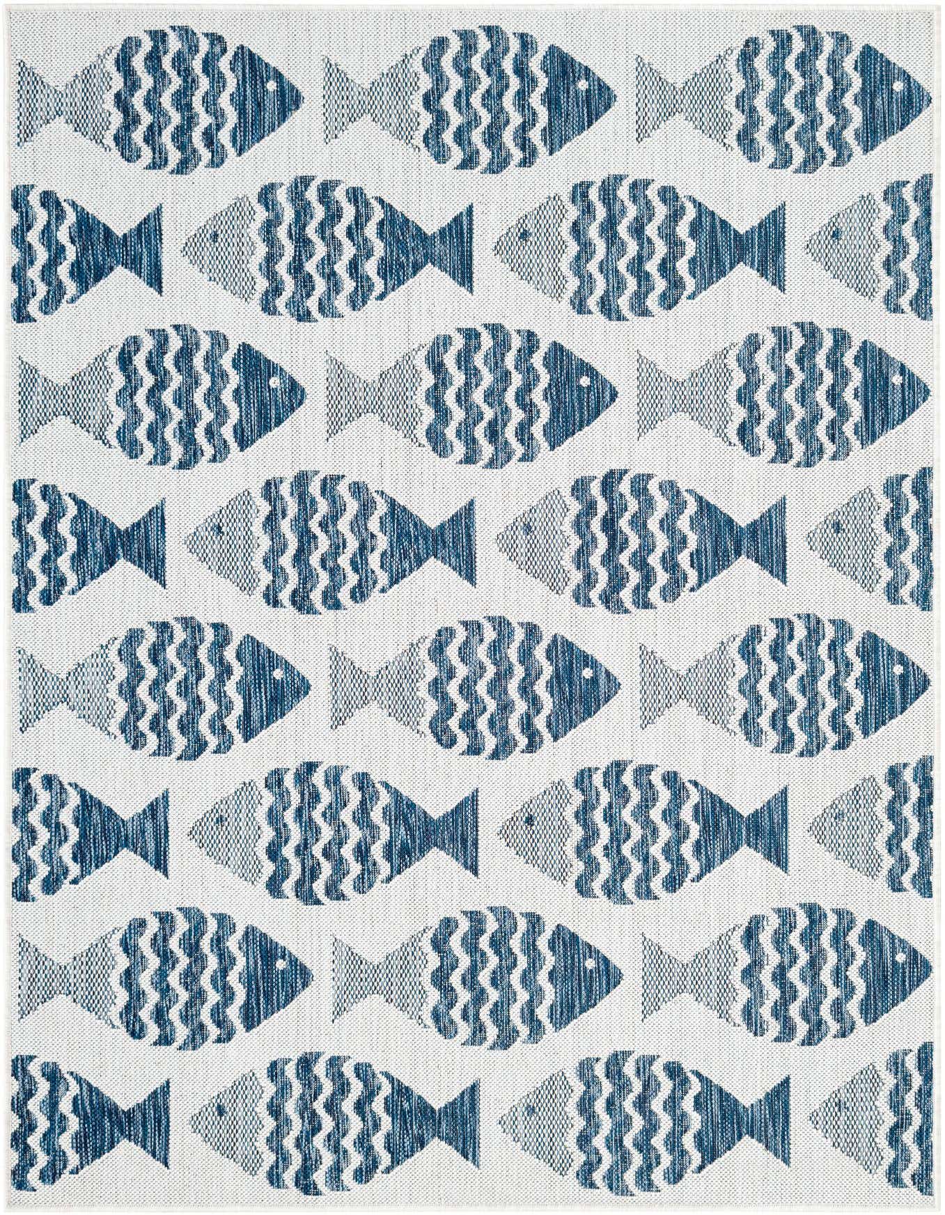 A 4x6 rectangular indoor/outdoor rug featuring a repeating pattern of stylized navy blue fish on a light blue-grey background.
