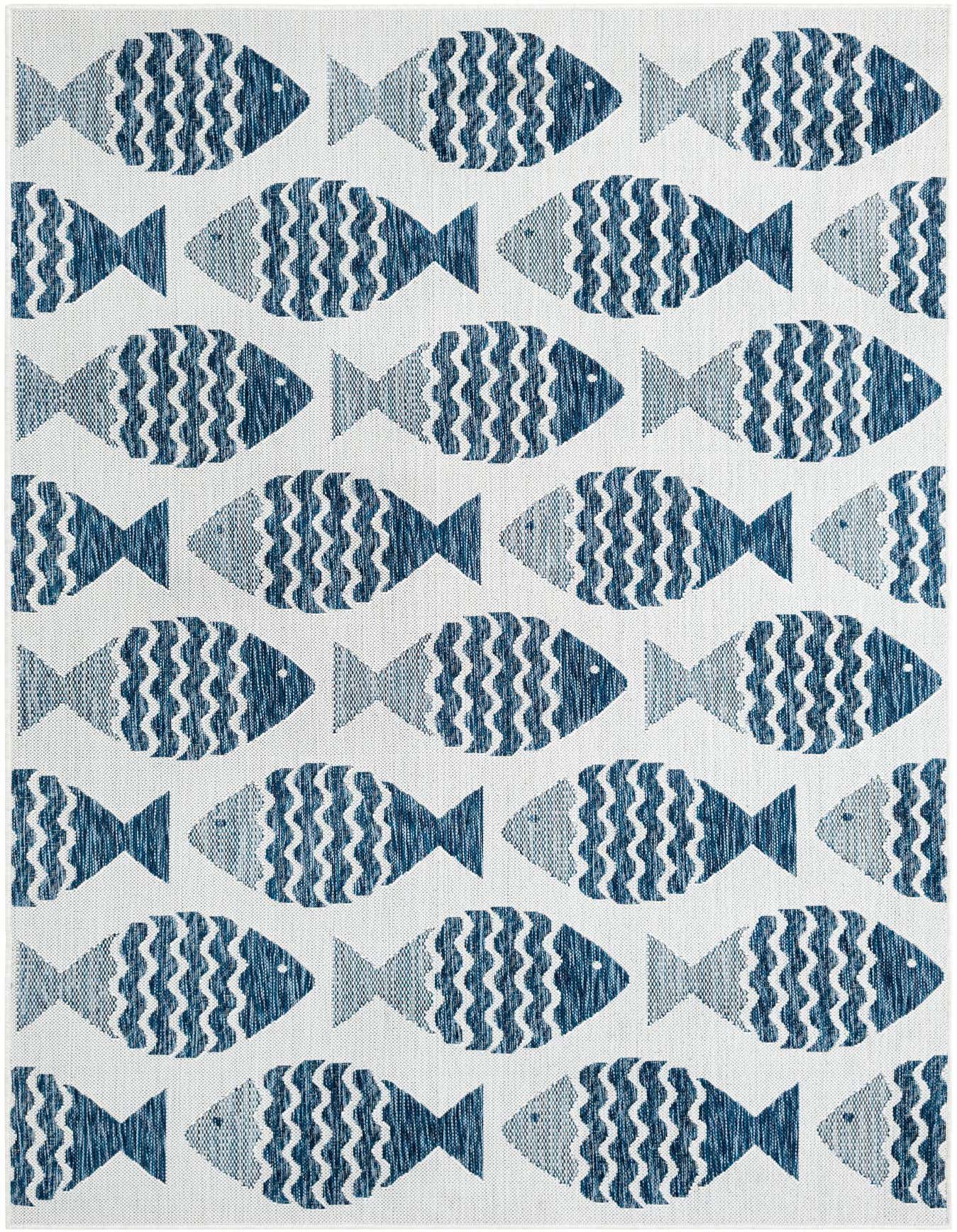 A 5x8 rectangular indoor/outdoor rug featuring a repeating pattern of stylized navy blue fish on a white background, perfect for a coastal living room or patio.