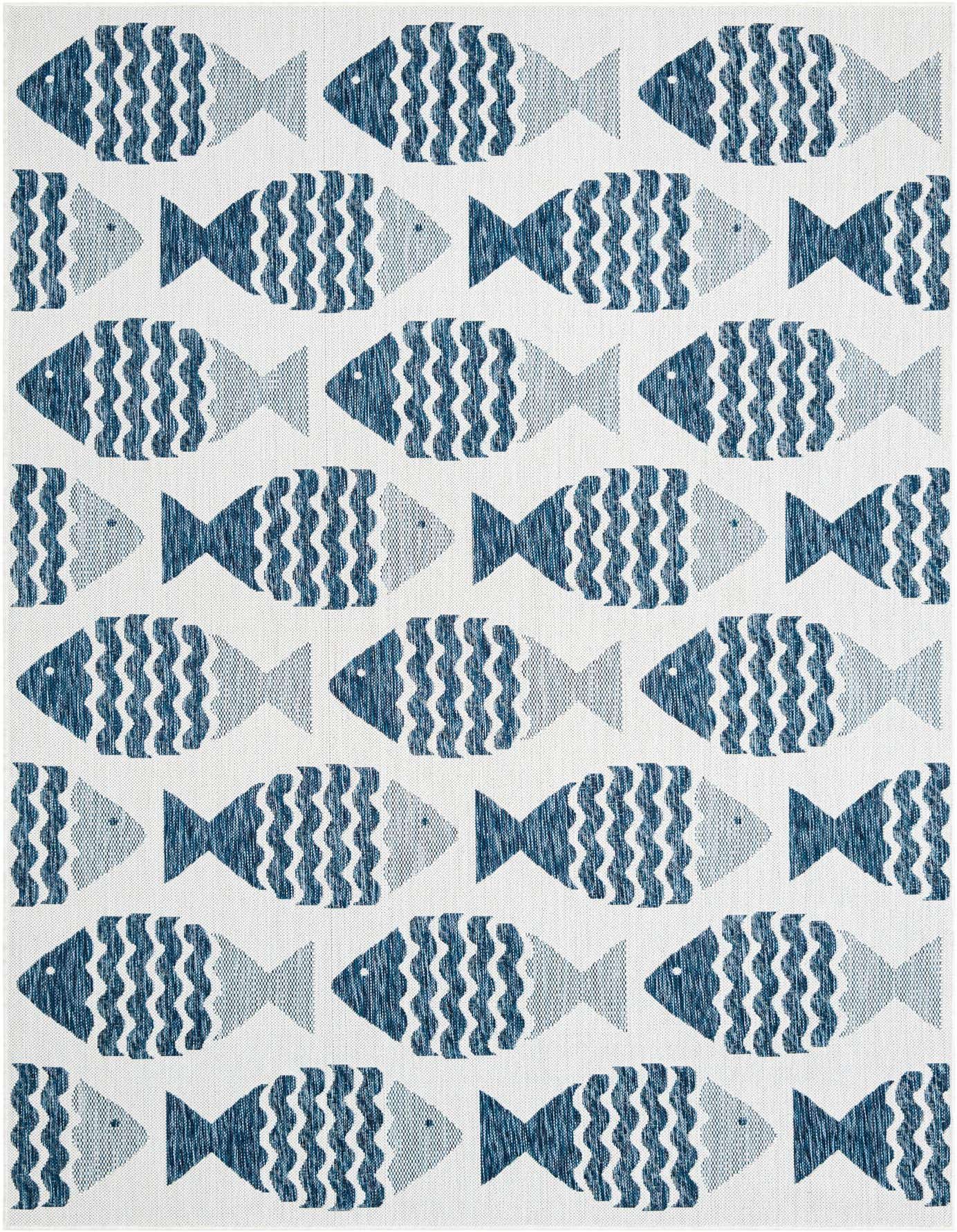 A 6x9 rectangular indoor/outdoor rug with a modern coastal pattern of navy and light blue fish on a white background.