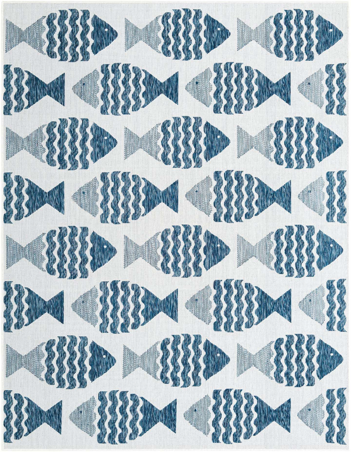 A 7x10 rectangular indoor/outdoor rug featuring a modern coastal pattern of alternating light and dark blue fish on a white background.