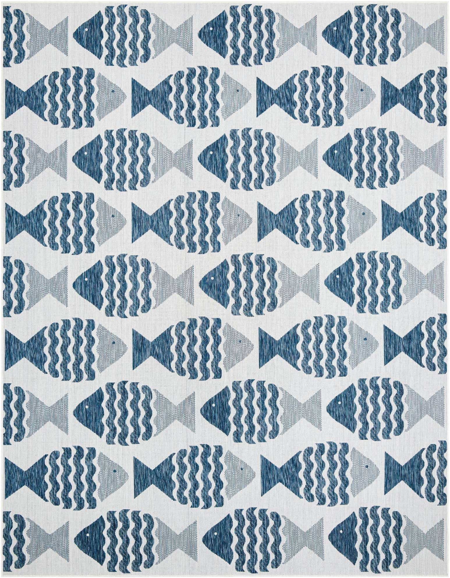 A 9x12 rectangular indoor/outdoor rug featuring a repeating pattern of dark and light blue stylized fish on a white background.