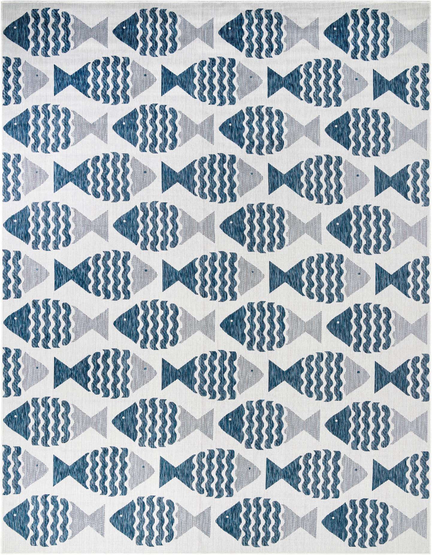 A 10x14 rectangular indoor/outdoor rug featuring a repeating pattern of stylized blue and gray fish on a white background.