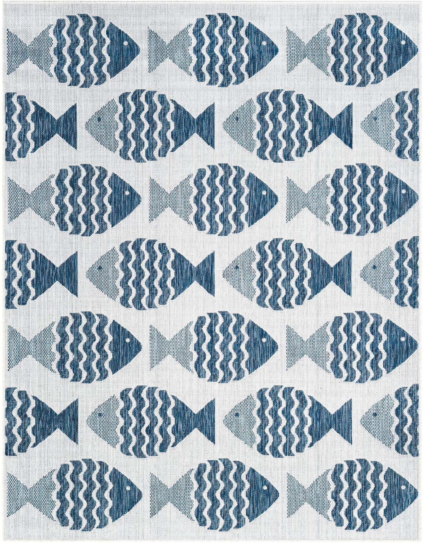 A 5x7 rectangular indoor/outdoor rug featuring a repeating pattern of stylized blue fish on a white background.