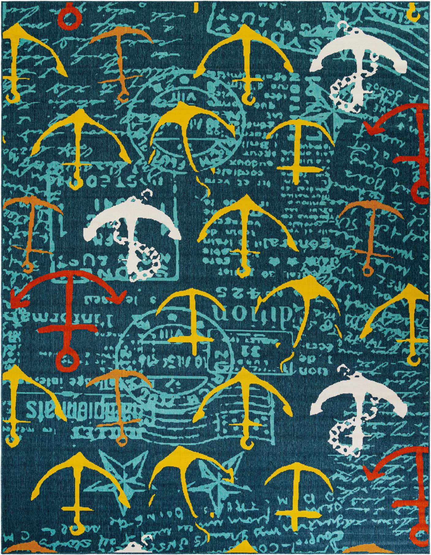 A 10x14 rectangular navy blue indoor/outdoor rug with a modern coastal pattern of yellow, white, and orange anchors over a light blue abstract script background.