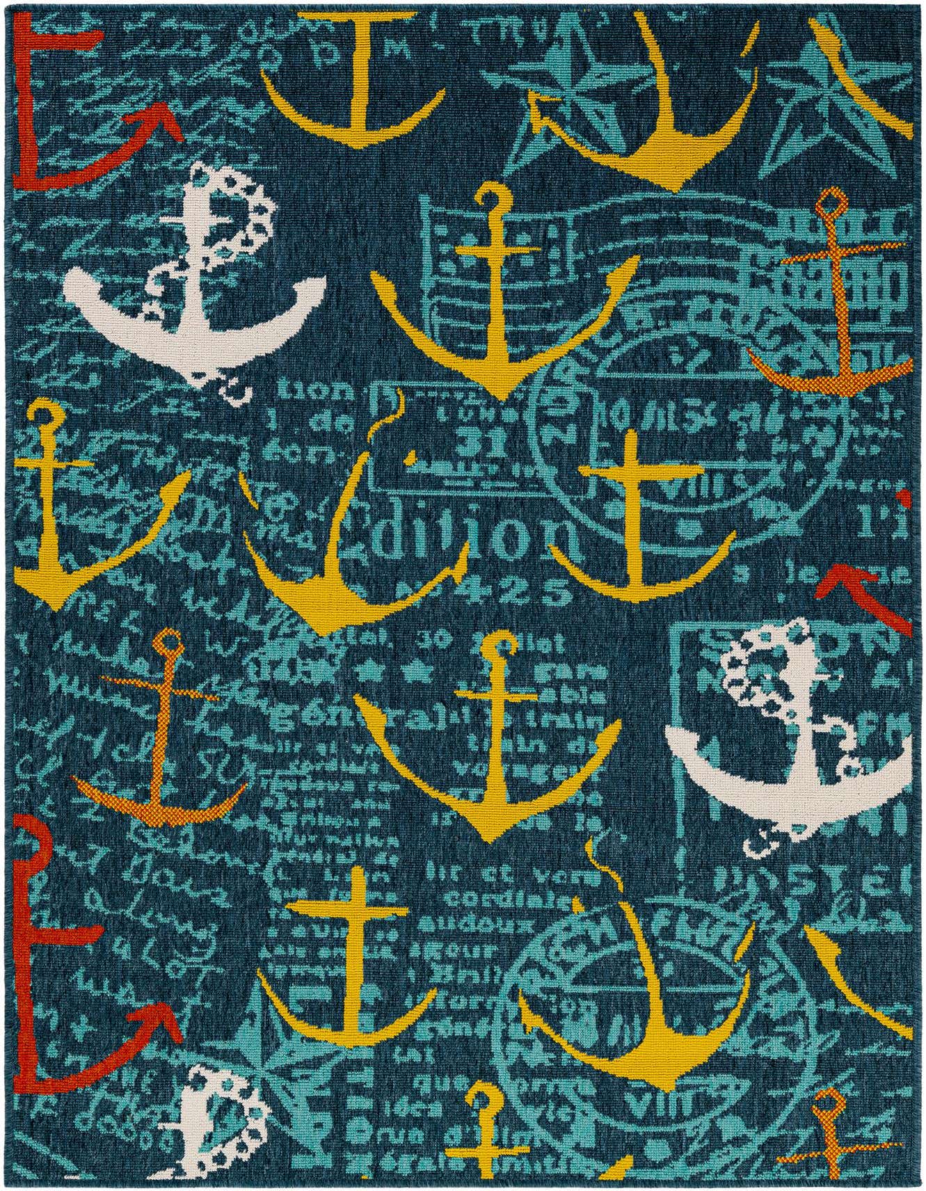 A 4x6 navy blue rectangular rug with a vibrant coastal pattern of yellow, white, and red anchors, compasses, and script.