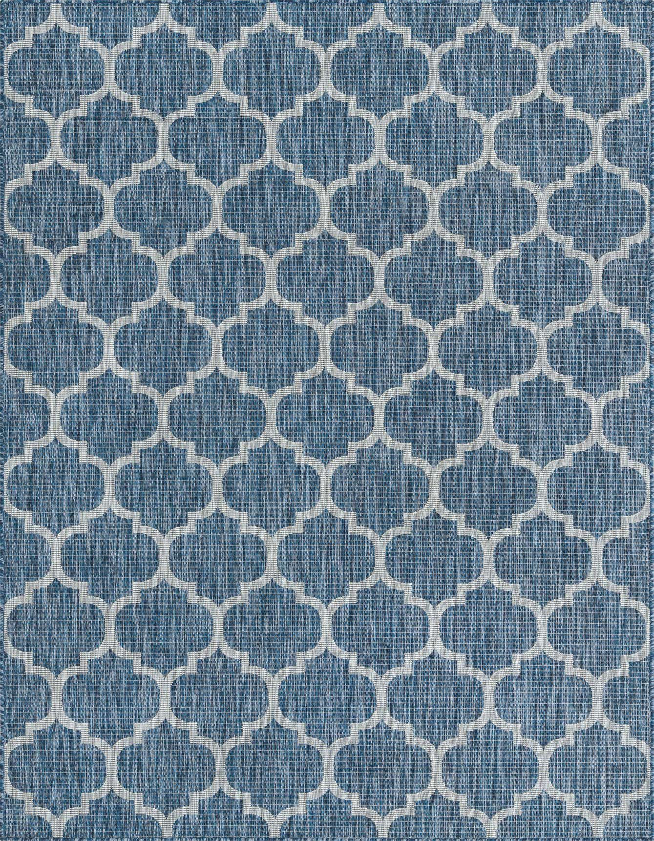 A 6x9 rectangular indoor/outdoor rug featuring a repeating white trellis pattern on a textured navy blue background.