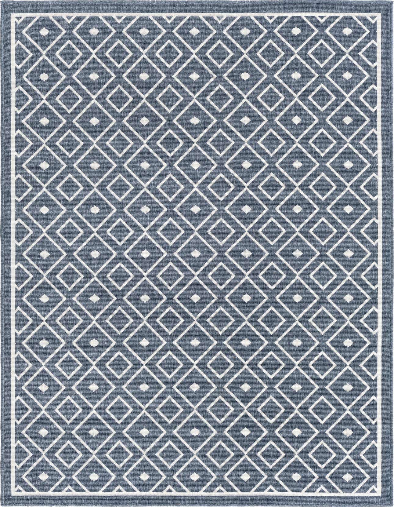 A 5x8 rectangular navy blue and white Scandinavian trellis rug with a flatweave texture, suitable for indoor or outdoor use.