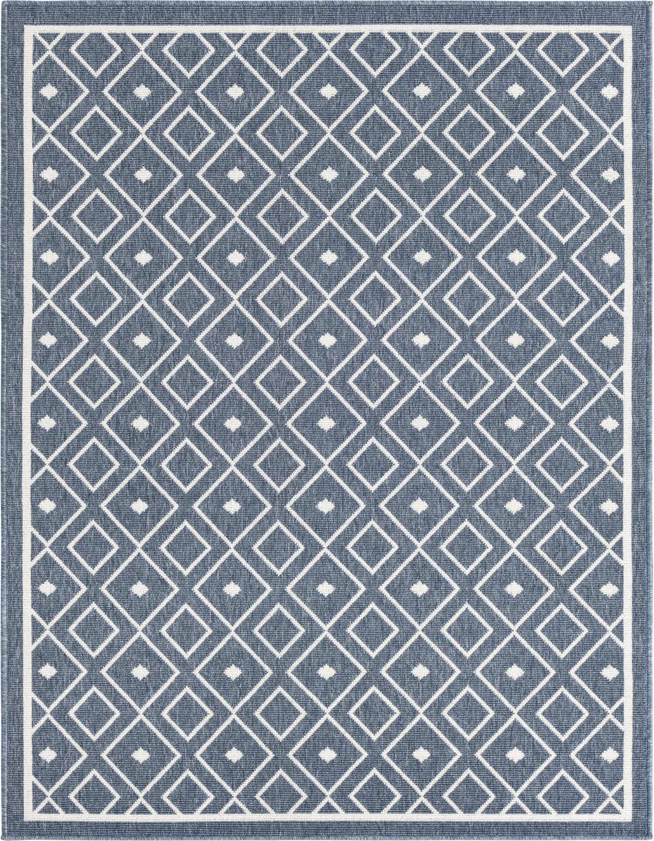 A 4x6 rectangular navy blue rug with a modern Scandinavian geometric lattice pattern and a thin white border.