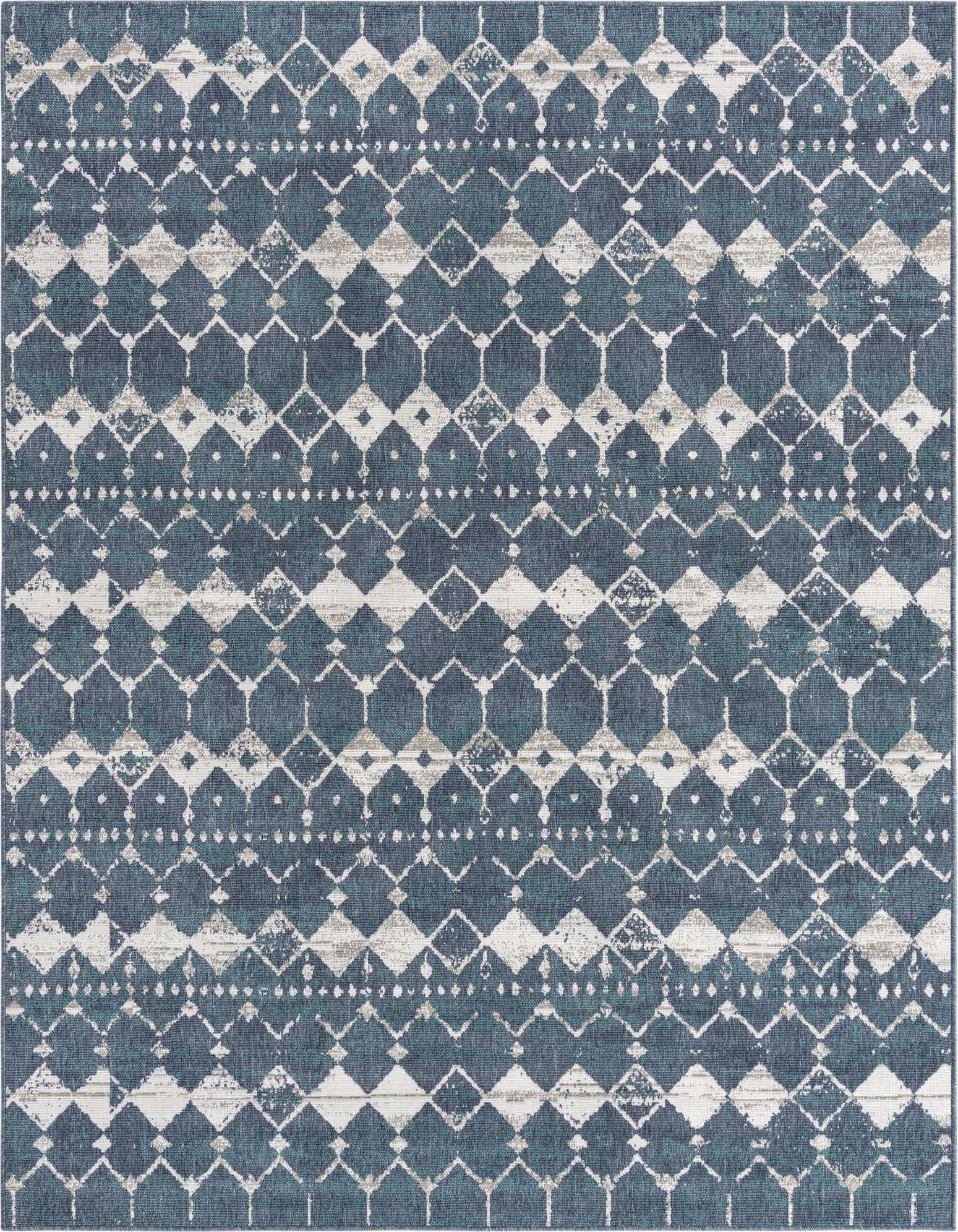 An 8x10 rectangular indoor/outdoor rug featuring a distressed blue and off-white geometric lattice pattern.