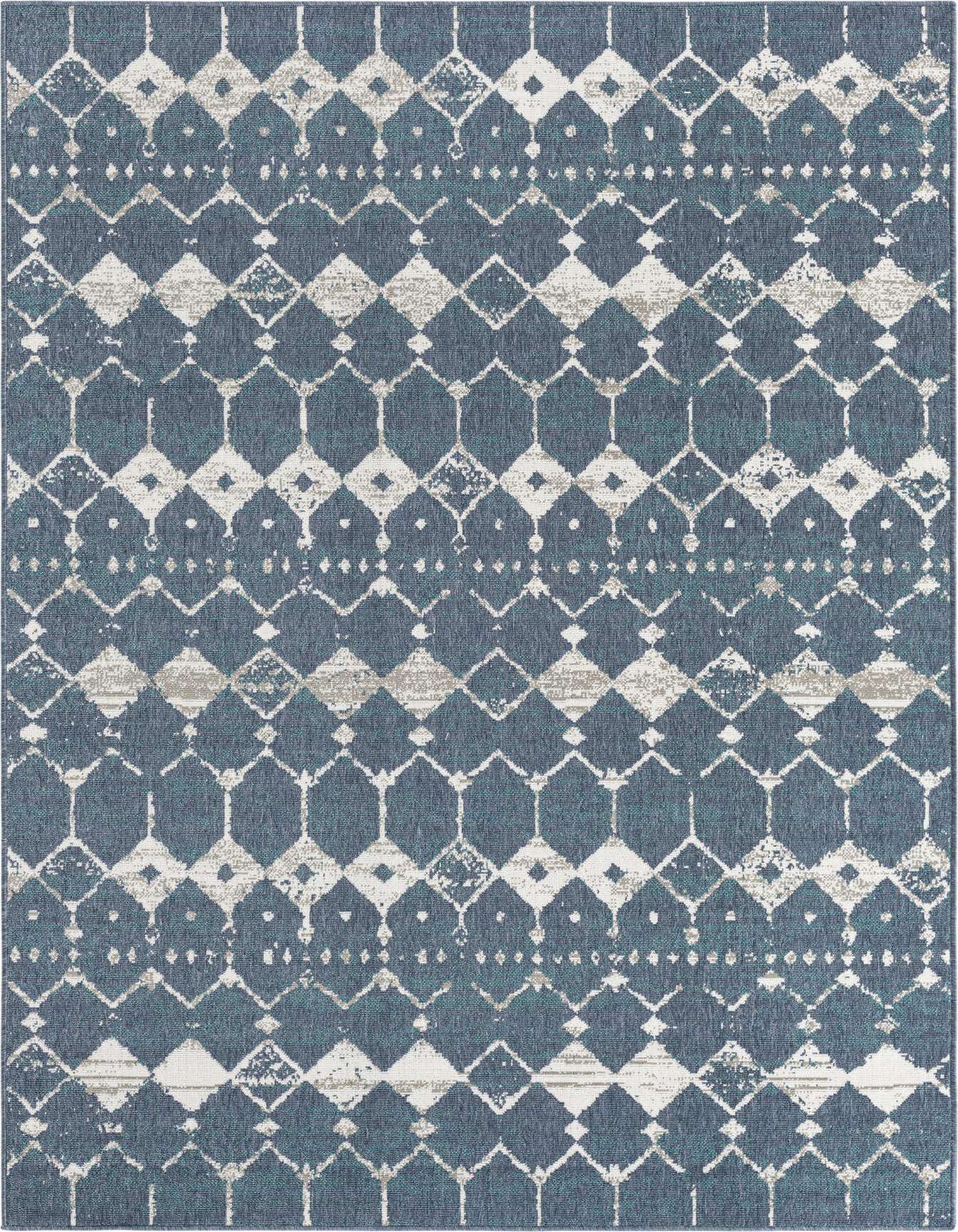 A 6x9 rectangular indoor/outdoor rug featuring a distressed blue and white geometric lattice pattern.