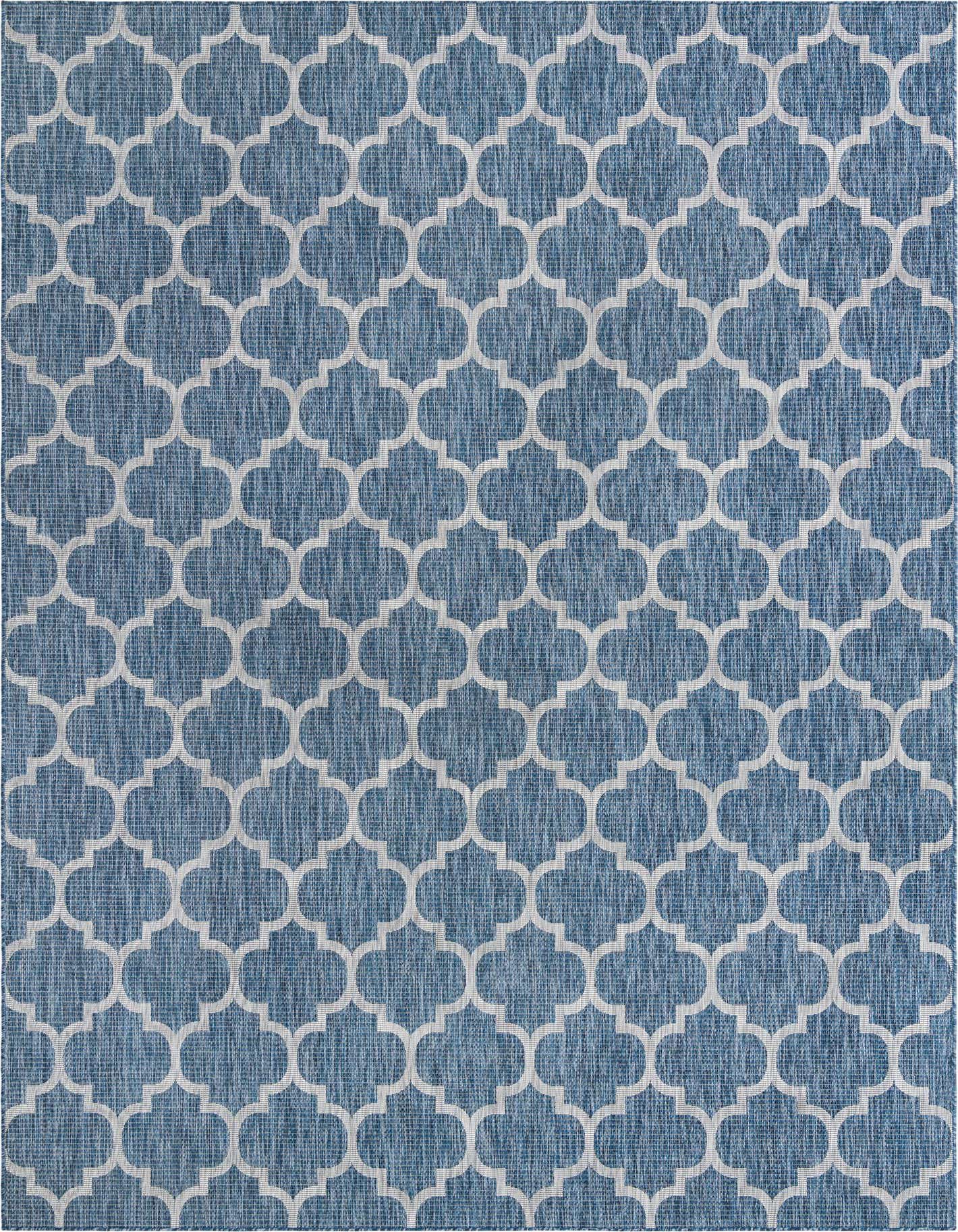A 10x13 rectangular indoor/outdoor rug featuring a navy blue background with a repeating white trellis pattern.