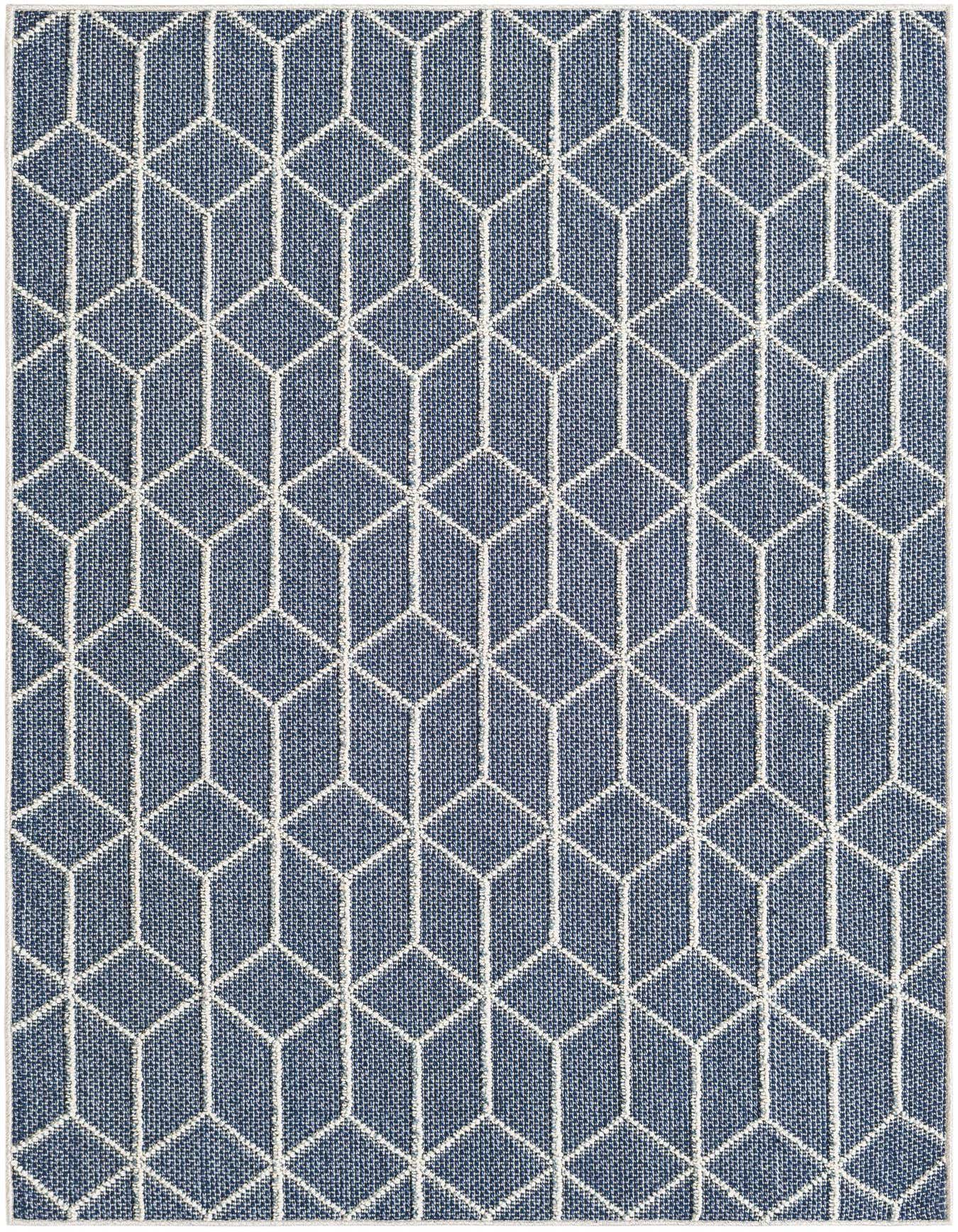 A 4x6 rectangular navy blue and white indoor/outdoor rug with a modern geometric trellis pattern.