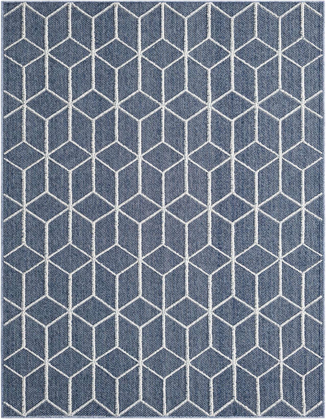 A 5x8 rectangular navy blue indoor/outdoor rug with a white modern geometric trellis pattern, suitable for a patio or living room.