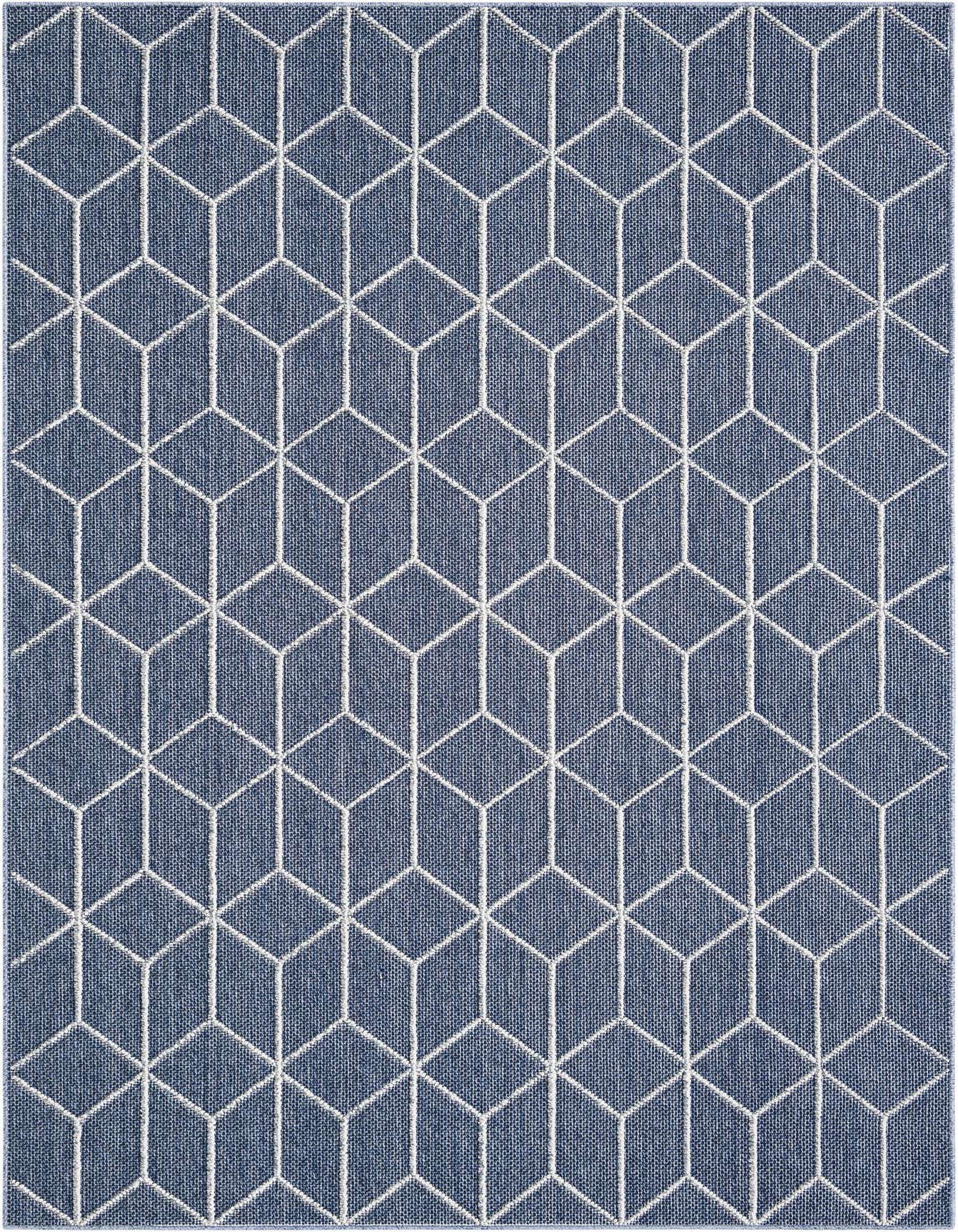 A 6x9 rectangular navy blue indoor/outdoor rug with a repeating white modern trellis pattern, perfect for a patio or living room.
