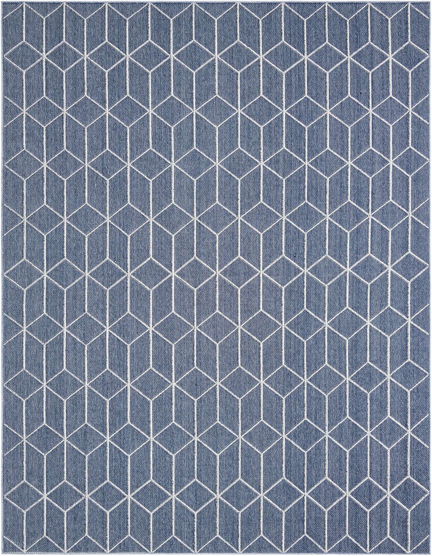 A 9x12 rectangular navy blue rug with a repeating white geometric trellis pattern, suitable for indoor or outdoor use.