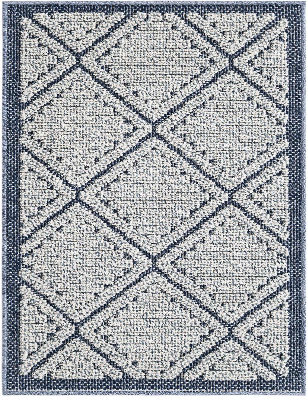A 2x3 rectangular navy blue and white modern geometric rug with a flat pile, suitable for indoor or outdoor use.