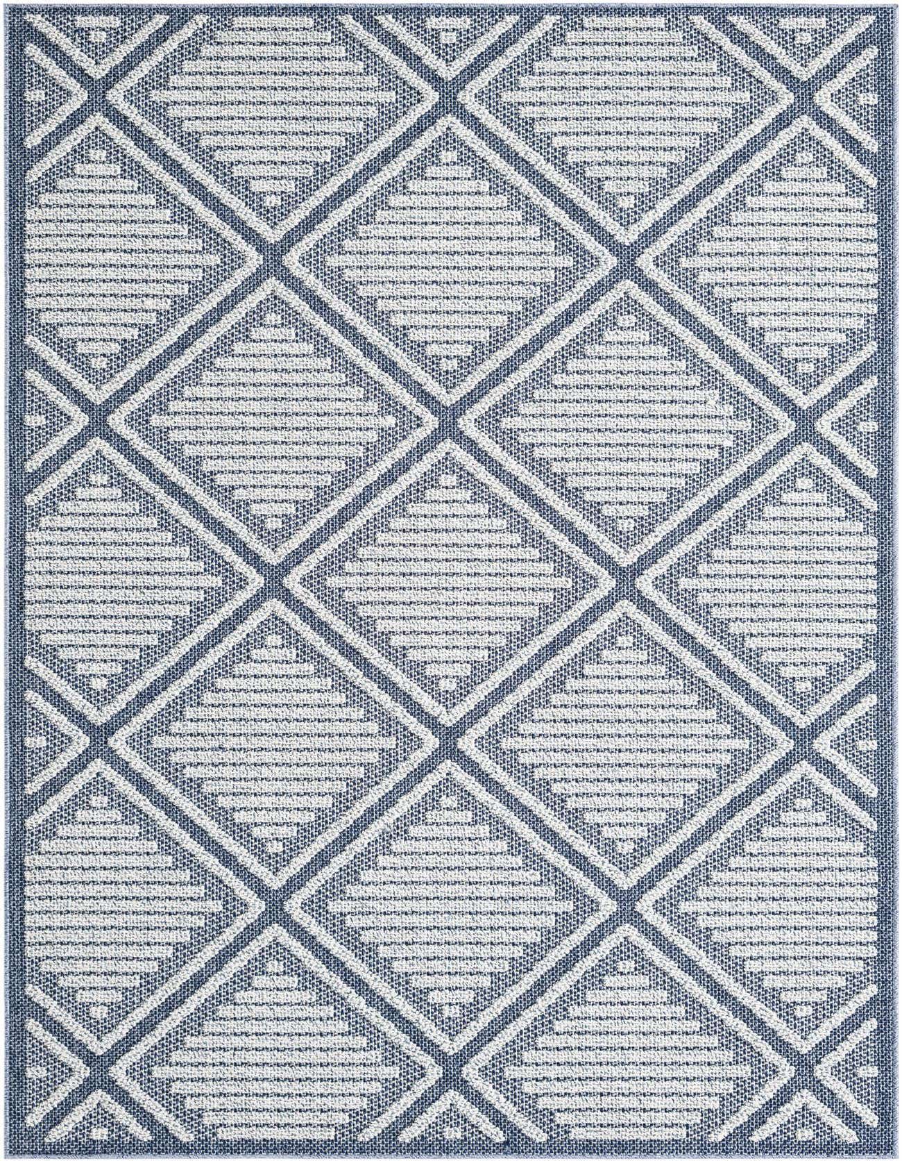A 5x8 rectangular indoor/outdoor rug featuring a modern navy blue and white geometric lattice pattern.