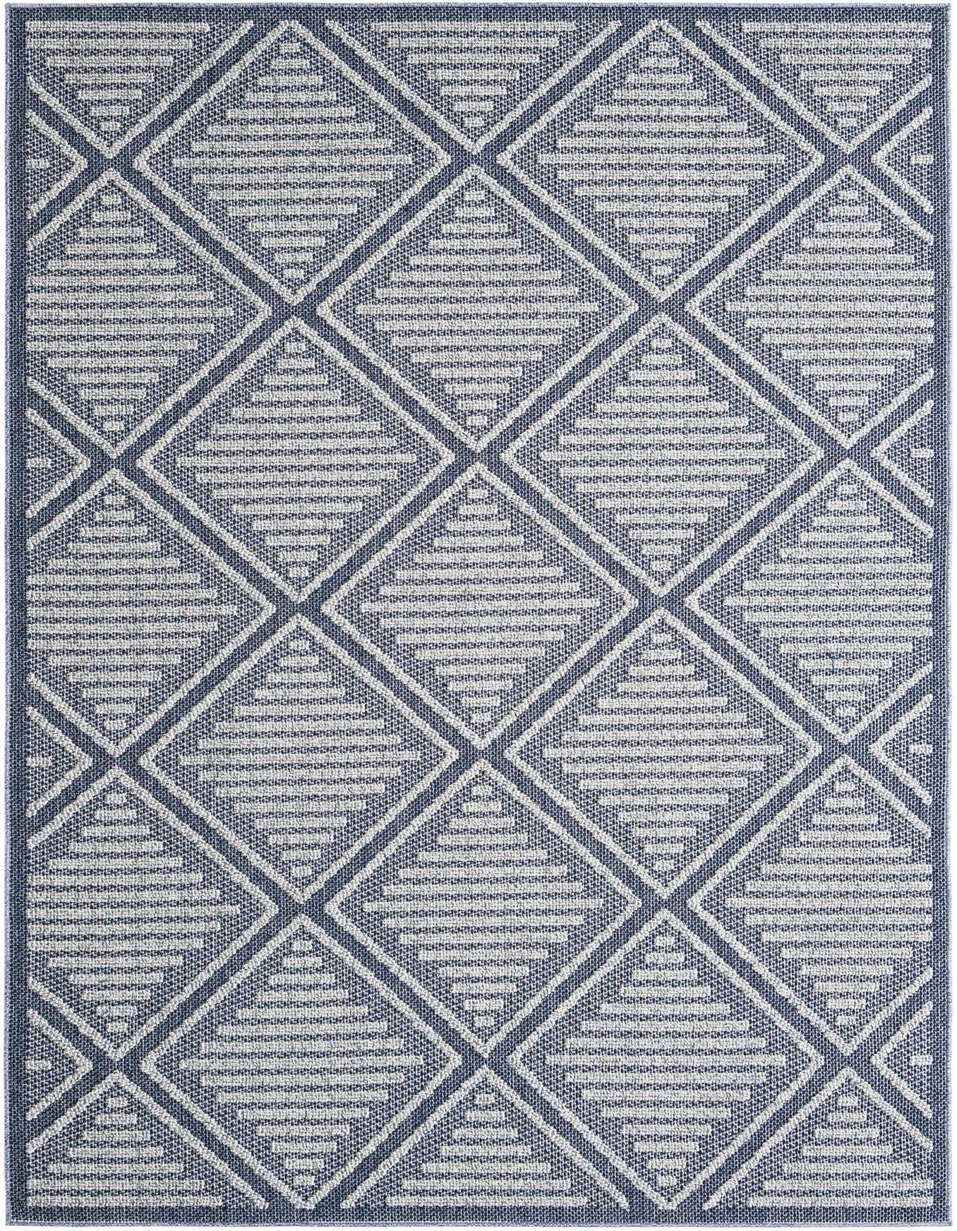 A 6x9 rectangular navy blue and white modern flatweave rug with a repeating lattice diamond pattern, suitable for indoor or outdoor use.