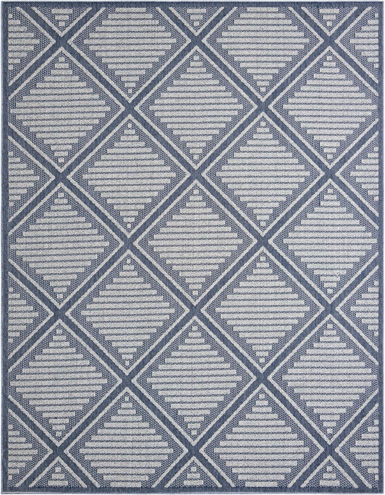 A 9x12 rectangular indoor/outdoor rug featuring a modern geometric lattice pattern in varying shades of blue.