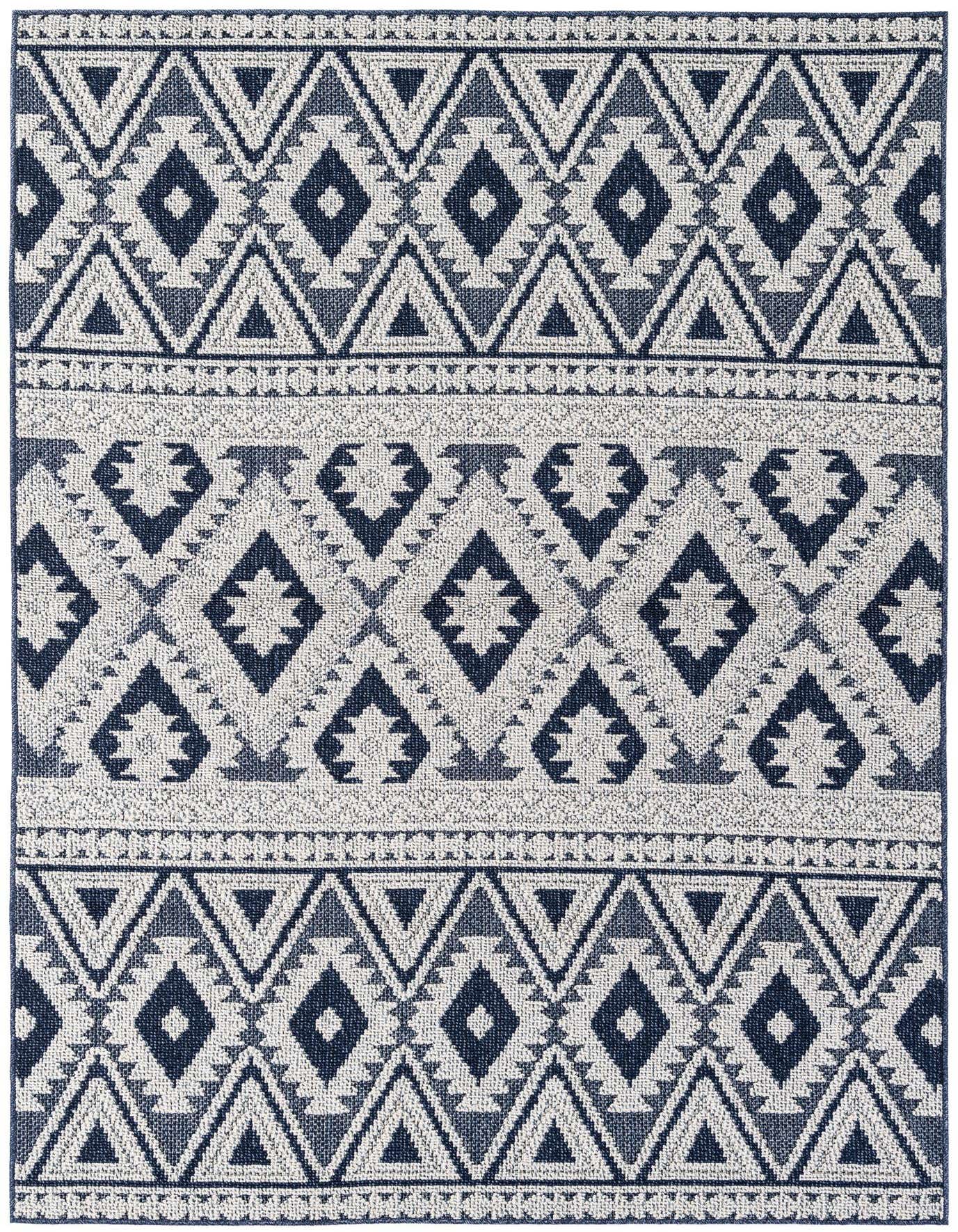 A 5x8 rectangular indoor/outdoor rug featuring a modern geometric pattern in various shades of blue and white.