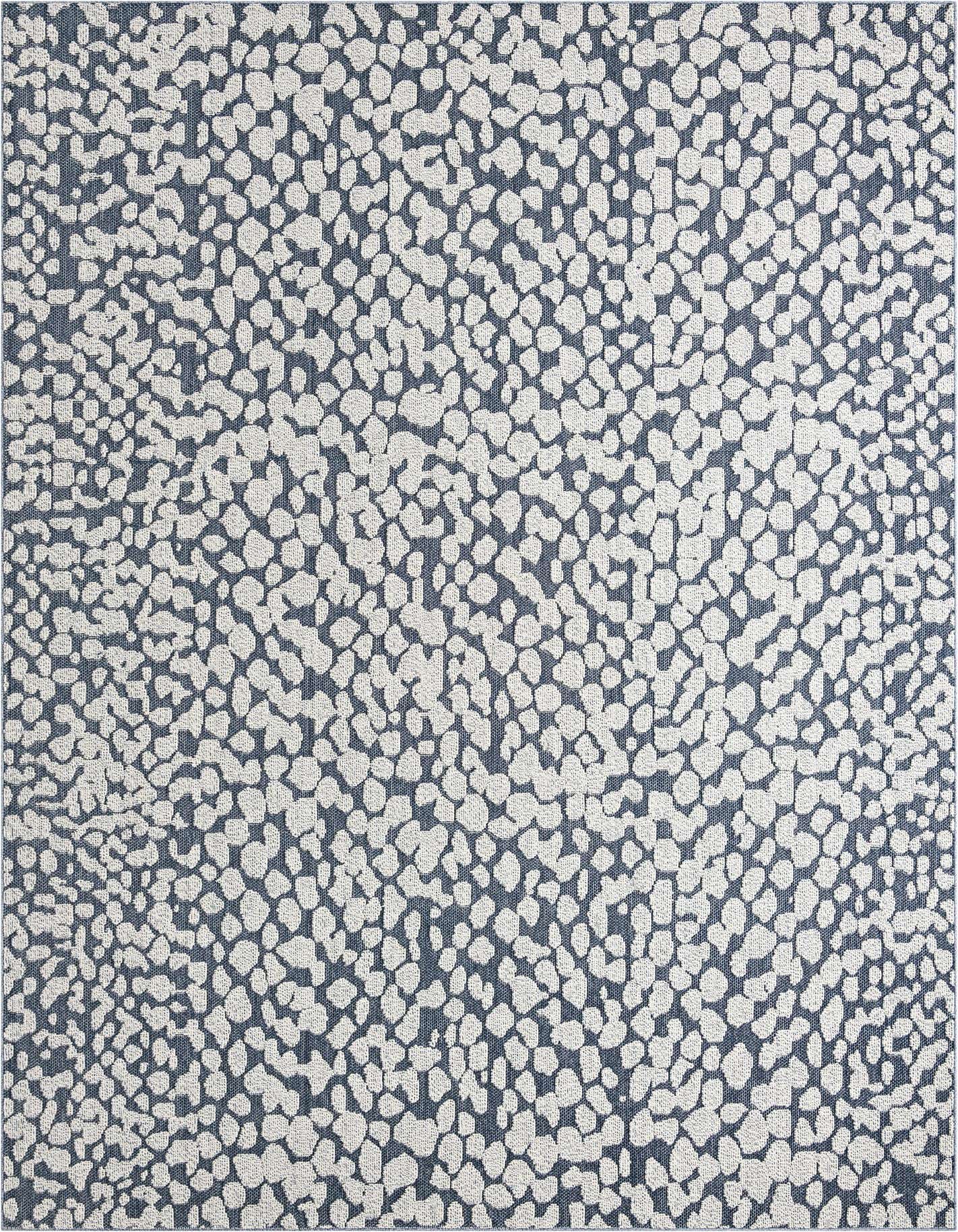 A 10x14 rectangular navy blue and off-white modern abstract rug with an organic pebble-like pattern, suitable for a patio.