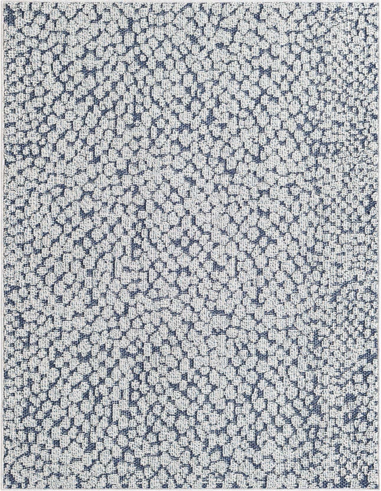A 4x6 rectangular navy blue and white modern abstract rug, suitable for indoor or outdoor use.