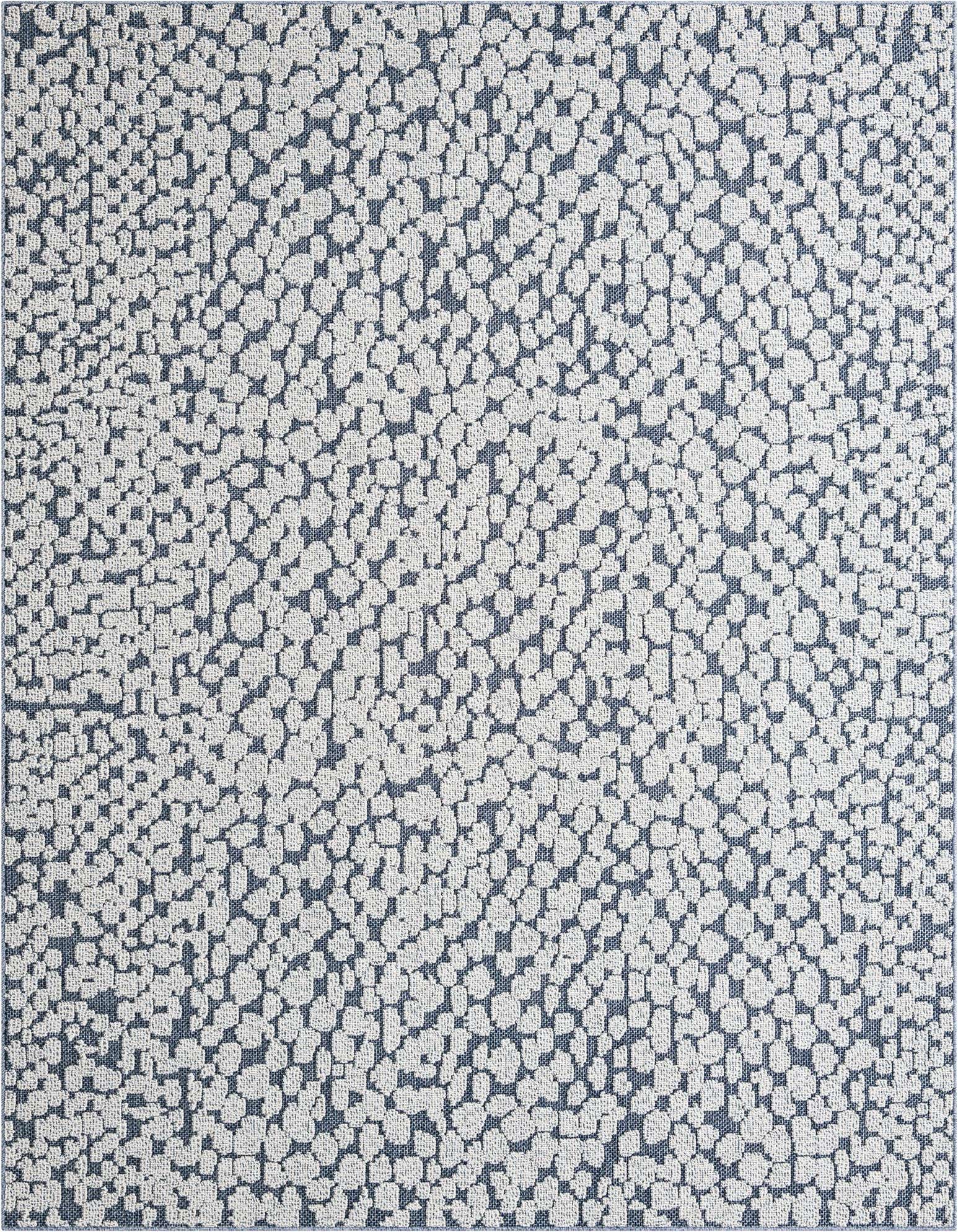 An 8x10 rectangular Rugs.com Outdoor Safari rug featuring a modern abstract pattern of light blue organic shapes on a darker blue background.