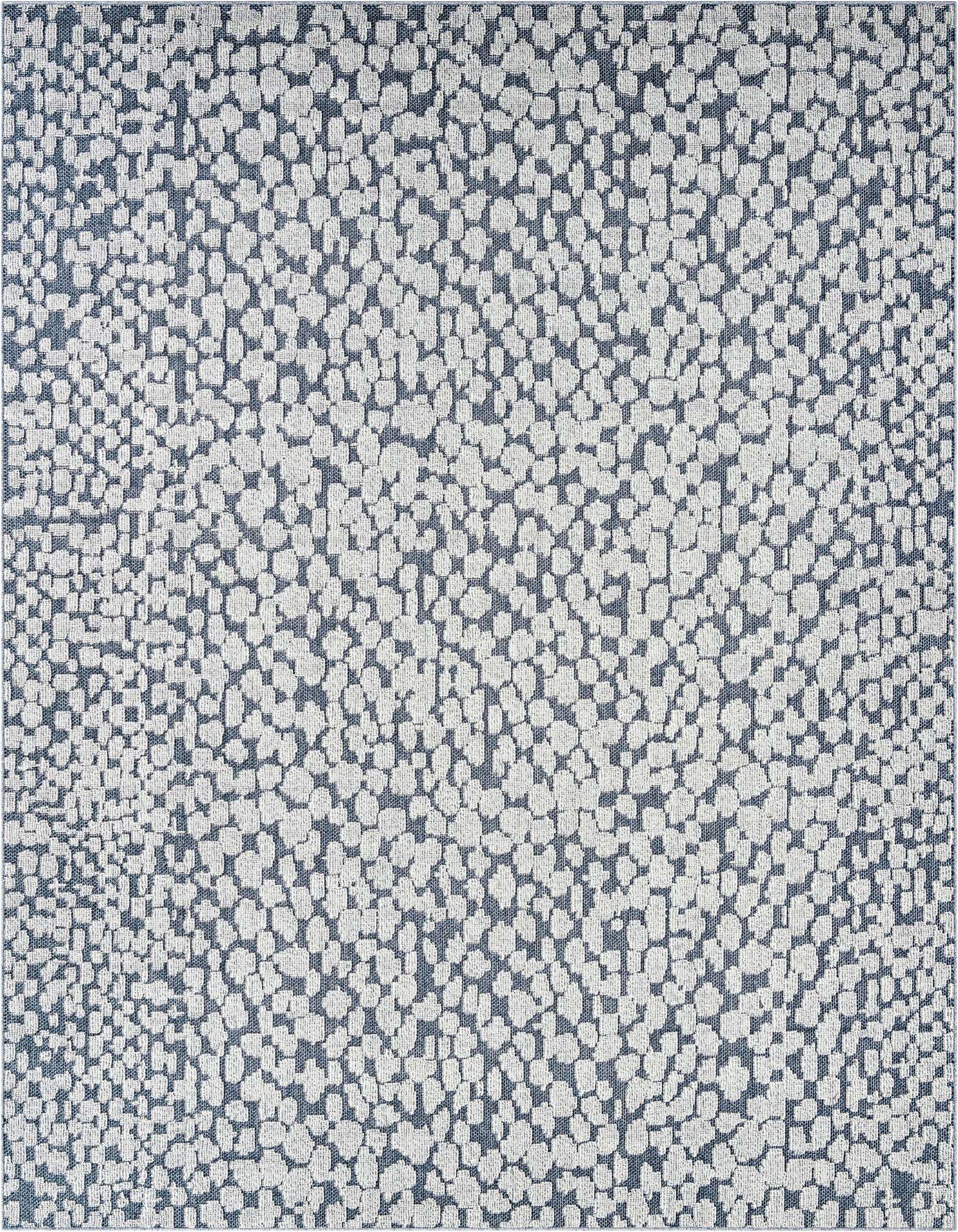 A 9x12 rectangular Rugs.com Outdoor Safari rug featuring a modern abstract pattern of light blue organic shapes on a darker blue background.