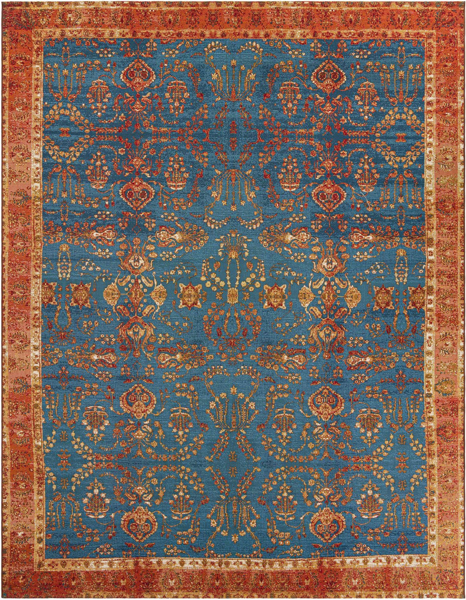 A 10x13 rectangular blue rug with an intricate orange and gold traditional Oriental pattern and a wide orange border.