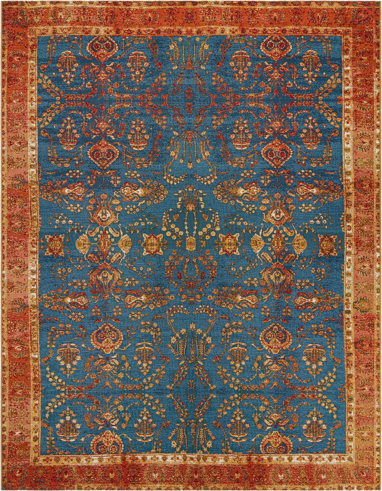 An 8x10 rectangular indoor/outdoor rug featuring a vibrant blue field with intricate orange, red, and gold traditional Oriental patterns, framed by a rust-colored border.