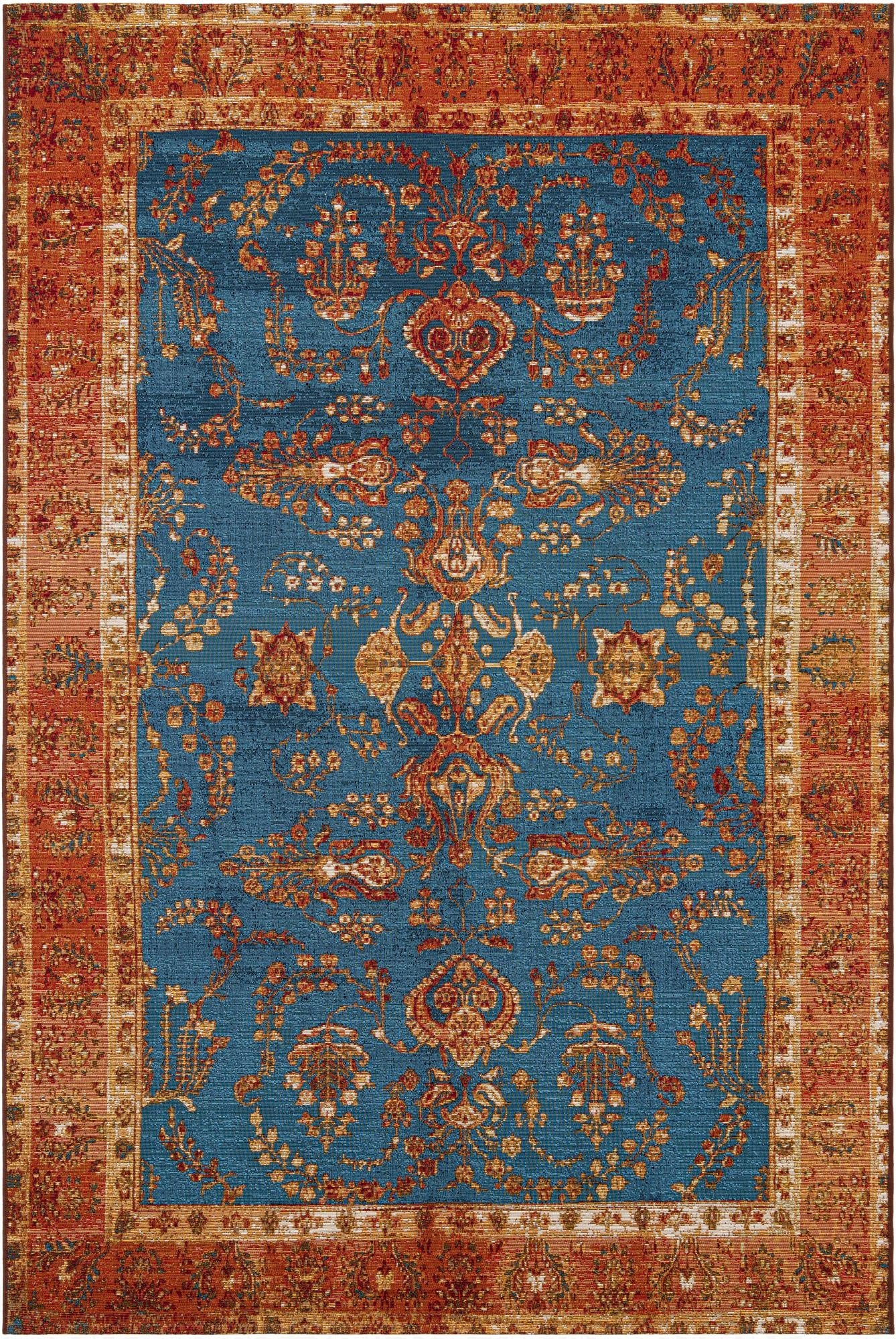 A 6x9 rectangular Rugs.com Outdoor Traditional rug featuring a vibrant blue field with intricate orange and gold oriental patterns, framed by a wide orange border with complementary designs.