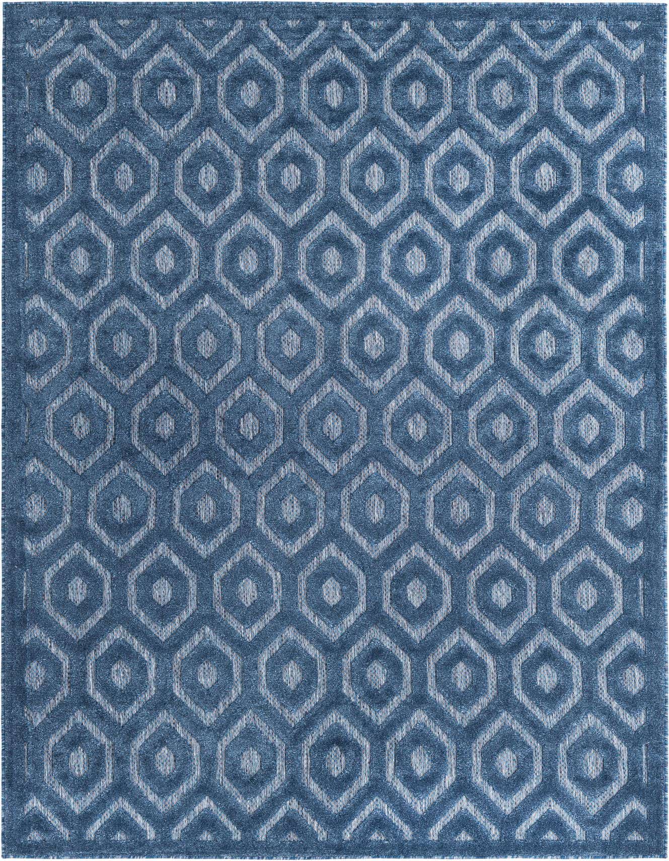 A 6x9 rectangular navy blue indoor/outdoor rug with a textured high-low geometric trellis pattern.