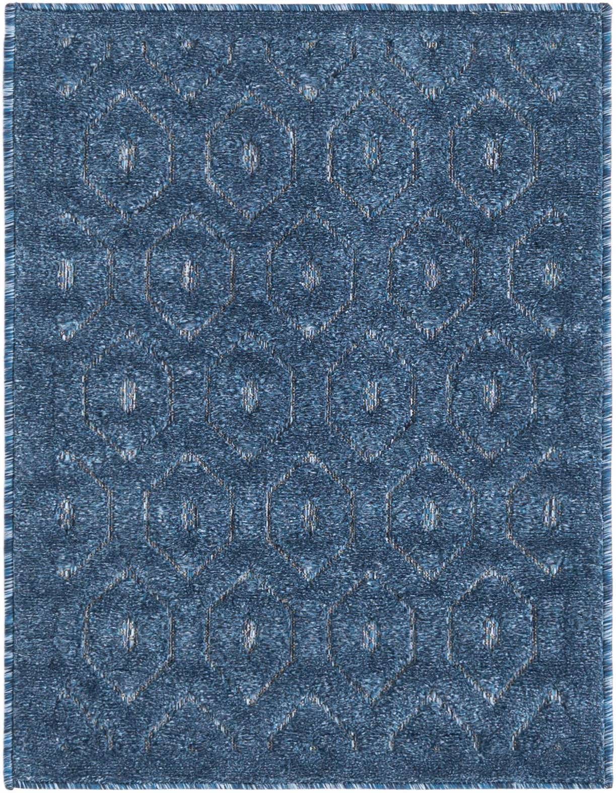 A 2x3 rectangular navy blue indoor/outdoor rug with a textured high/low pile modern geometric pattern.