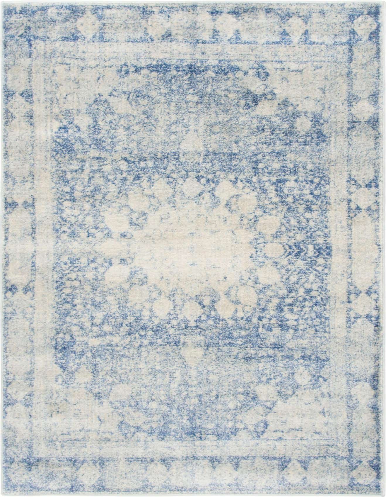 A 4x6 rectangular Rugs.com Oxfordshire area rug featuring a distressed blue medallion and border pattern on an off-white background.