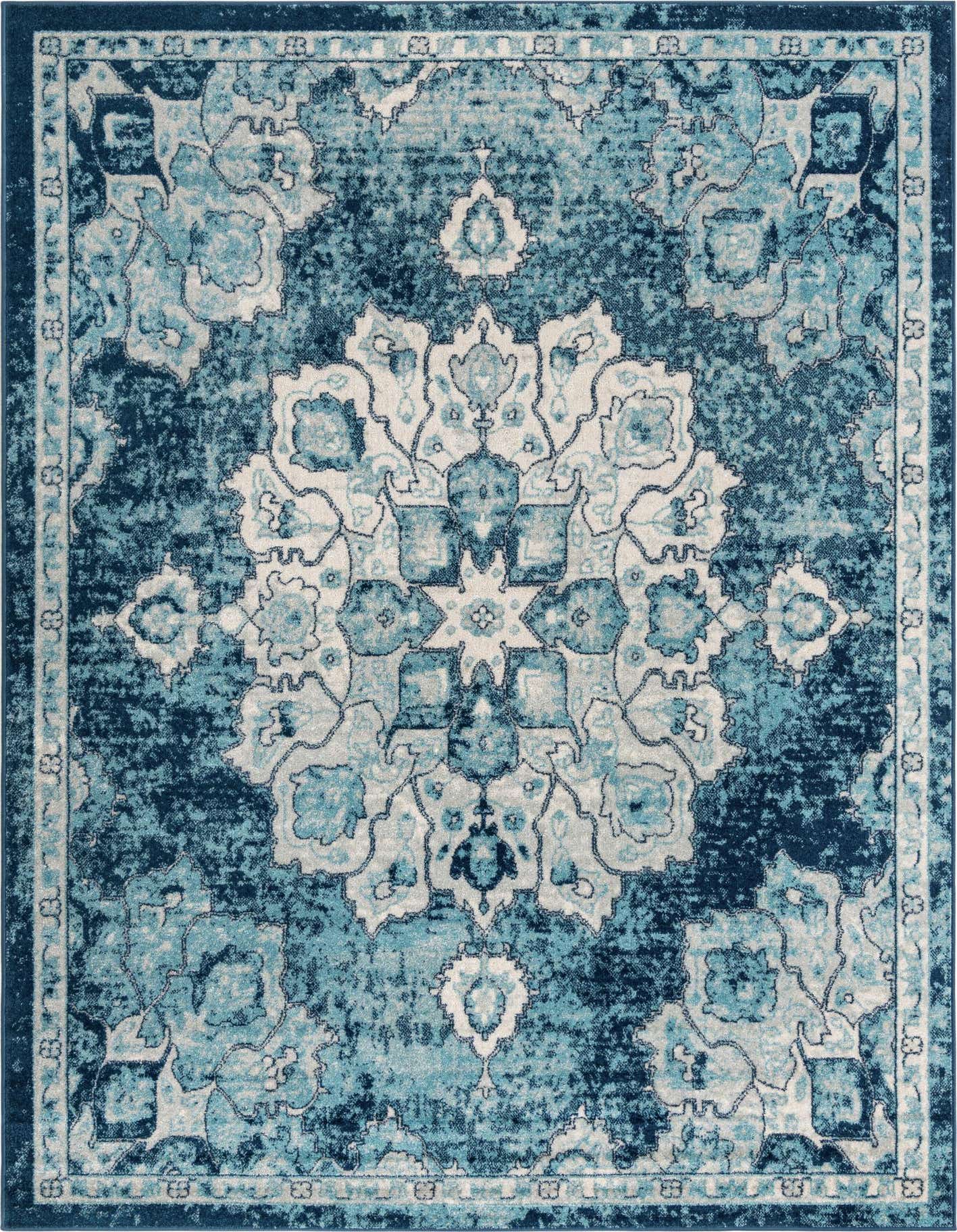 A 7x10 rectangular Rugs.com Parker rug featuring a distressed traditional medallion pattern in varying shades of blue, ideal for a living room.