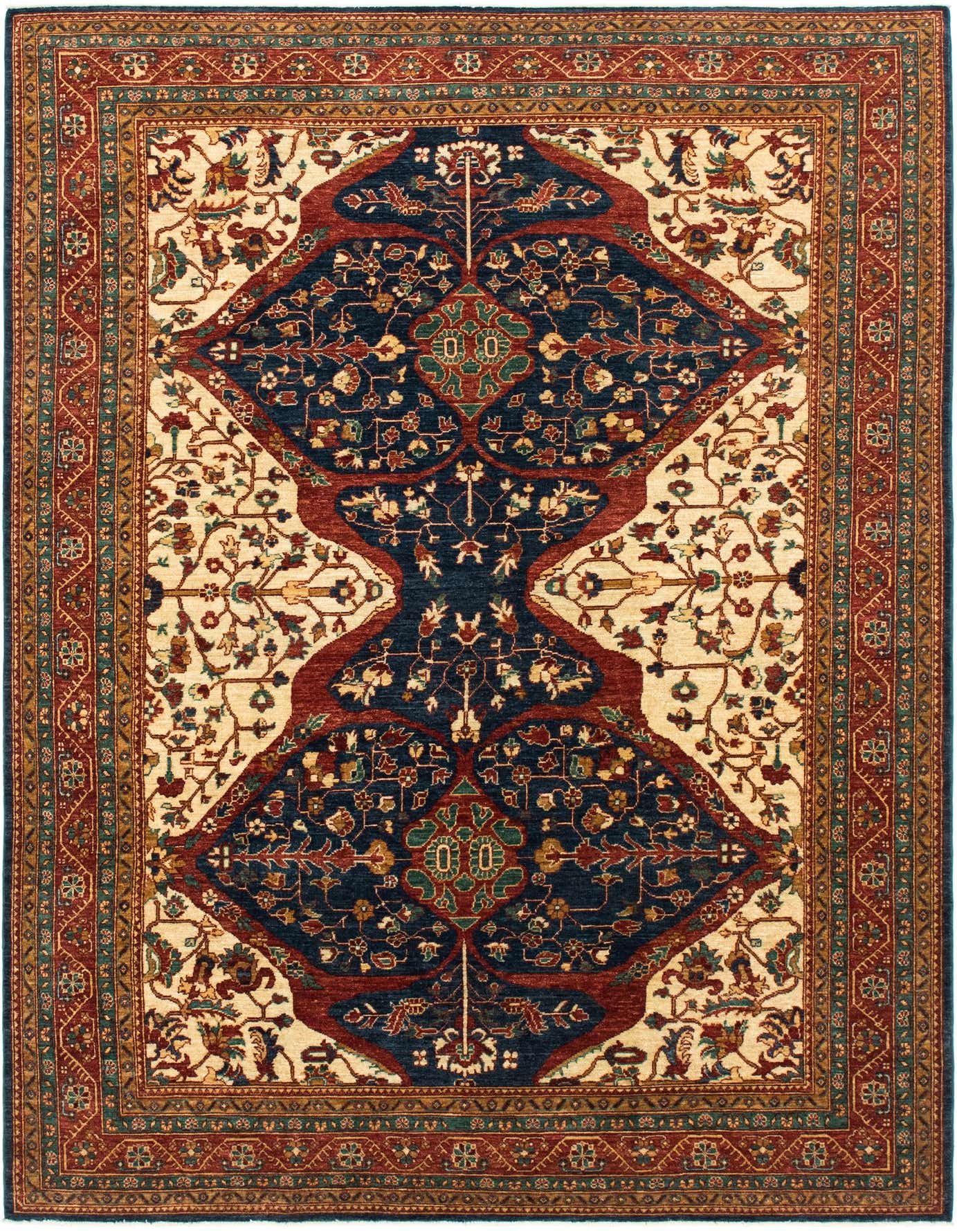 A 7x10 rectangular Peshawar Ziegler rug featuring a rich navy blue medallion and botanical patterns on a cream field, framed by a rust-red border.