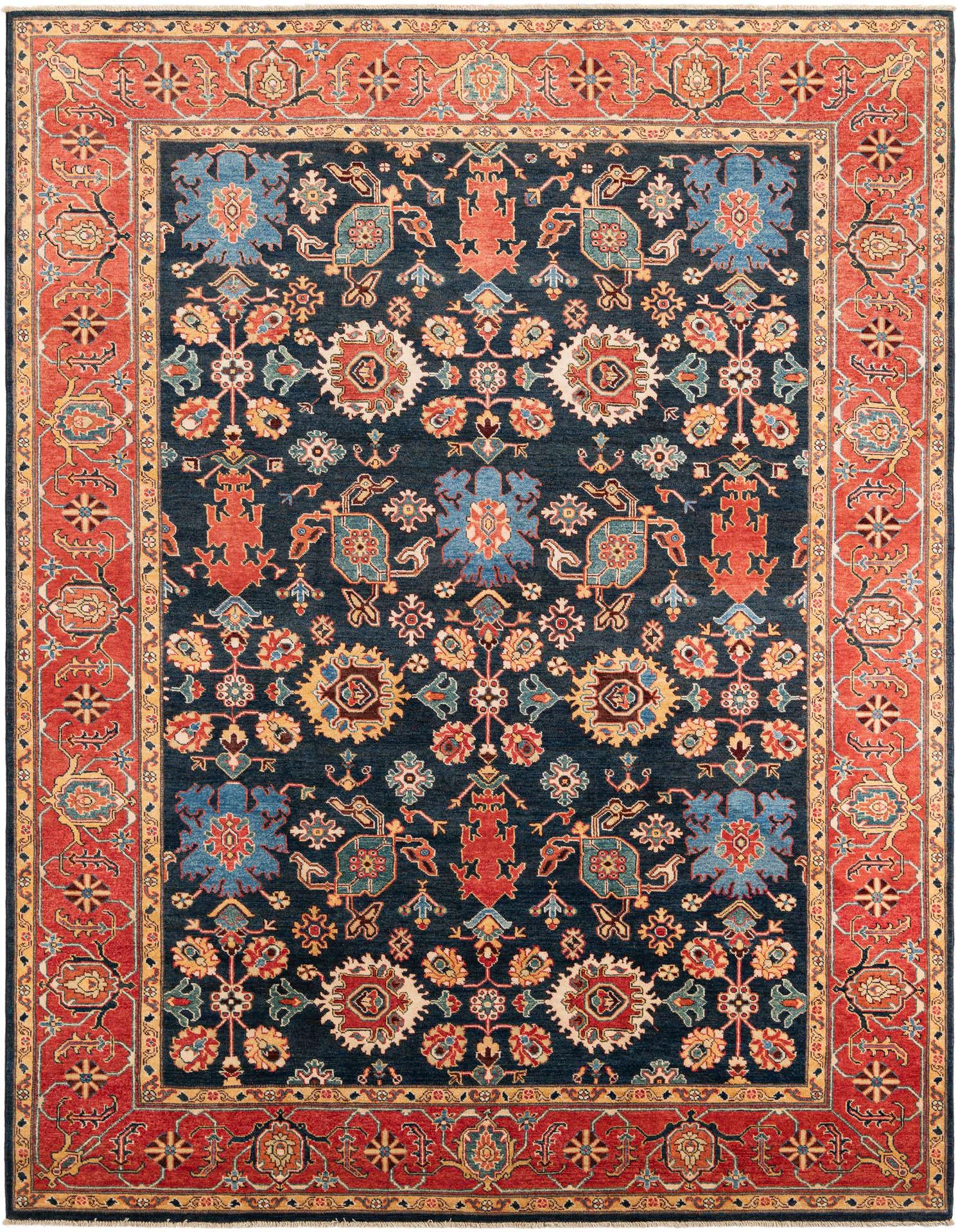 A rectangular 8x11 Peshawar Ziegler rug with a navy blue field and a rust-orange border, featuring intricate floral and geometric patterns in blue, red, gold, and cream.