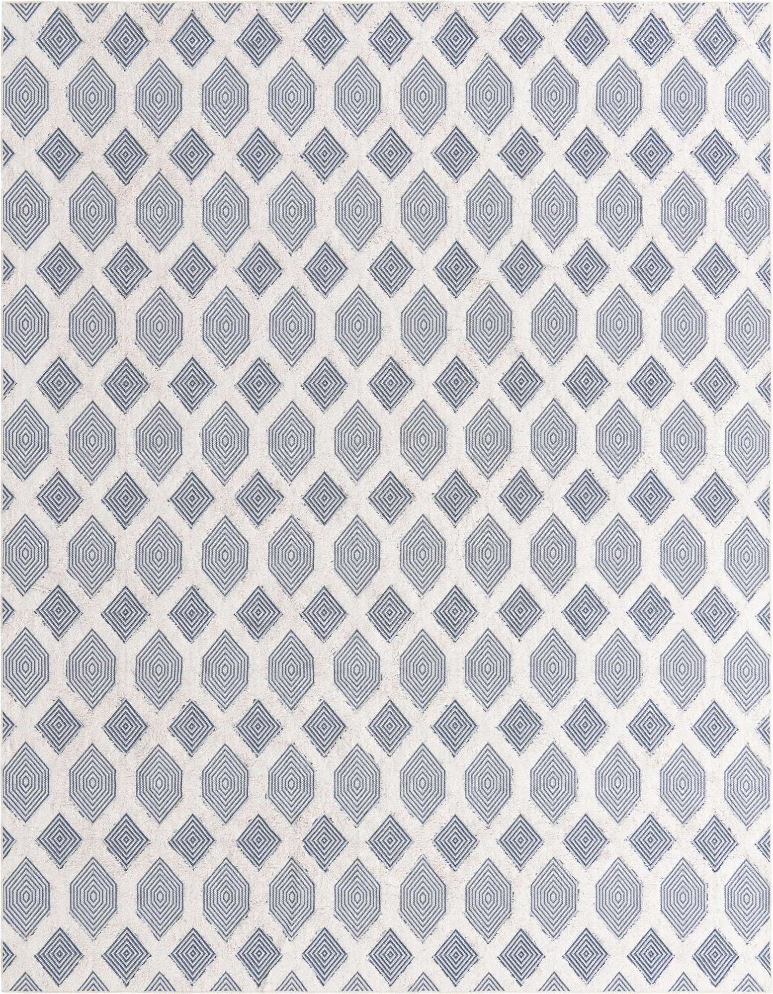 A 9x12 rectangular Rugs.com Sabrina Soto Casa rug featuring a modern navy blue geometric pattern on a light background, showcasing its textured flatweave.