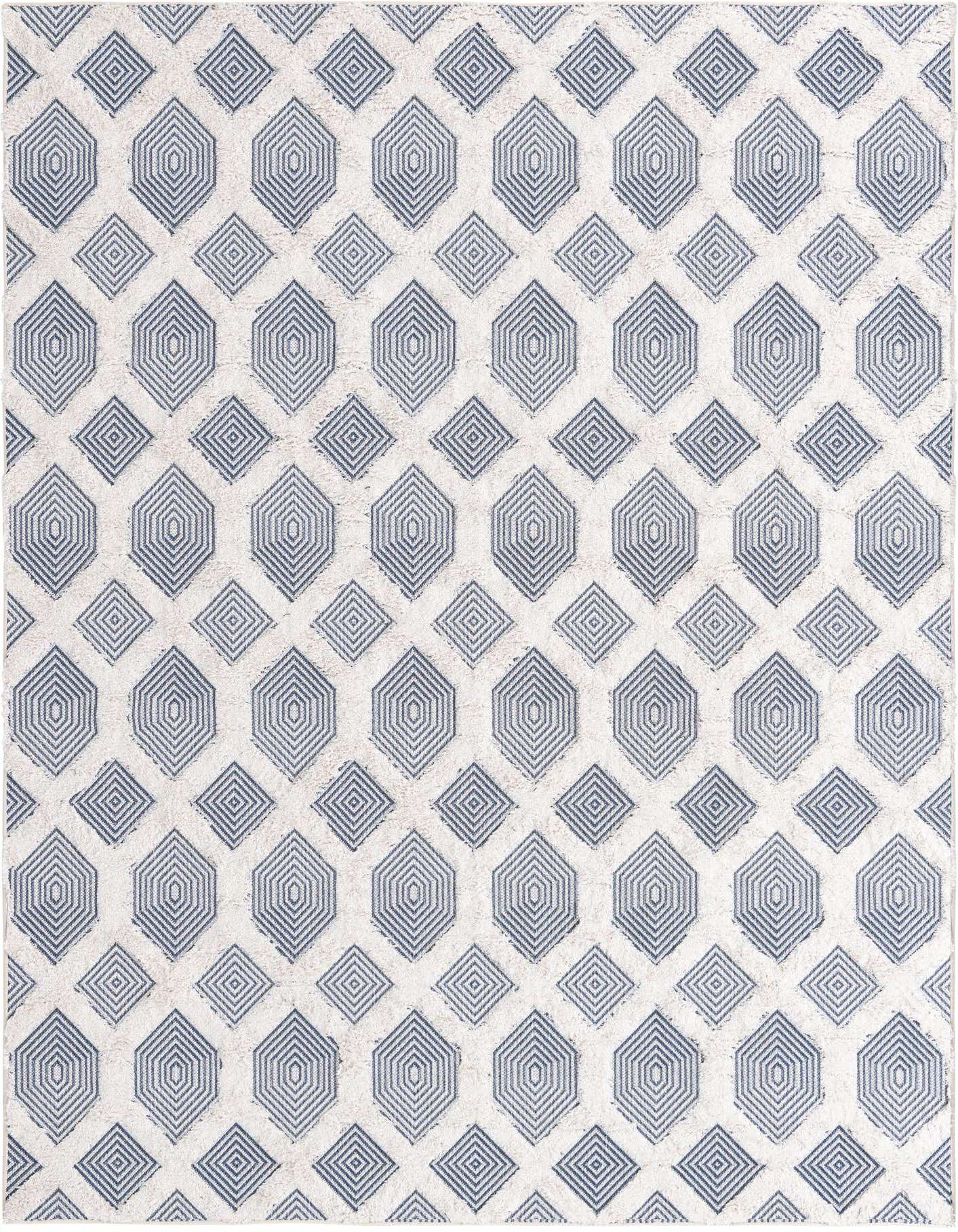 A 6x9 rectangular rug featuring a modern abstract pattern of repeating concentric blue hexagons and diamonds on a white textured background.