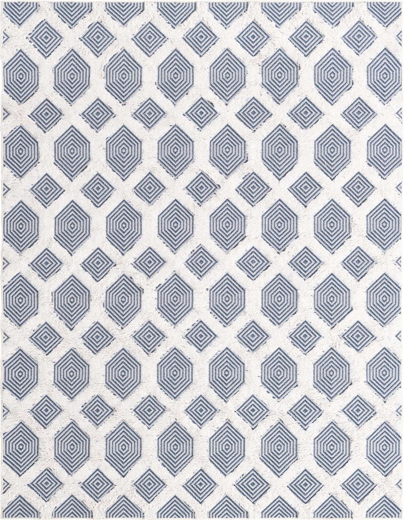 A 5x8 rectangular Rugs.com Sabrina Soto Casa rug featuring a modern abstract pattern of blue concentric diamonds on a textured off-white background.