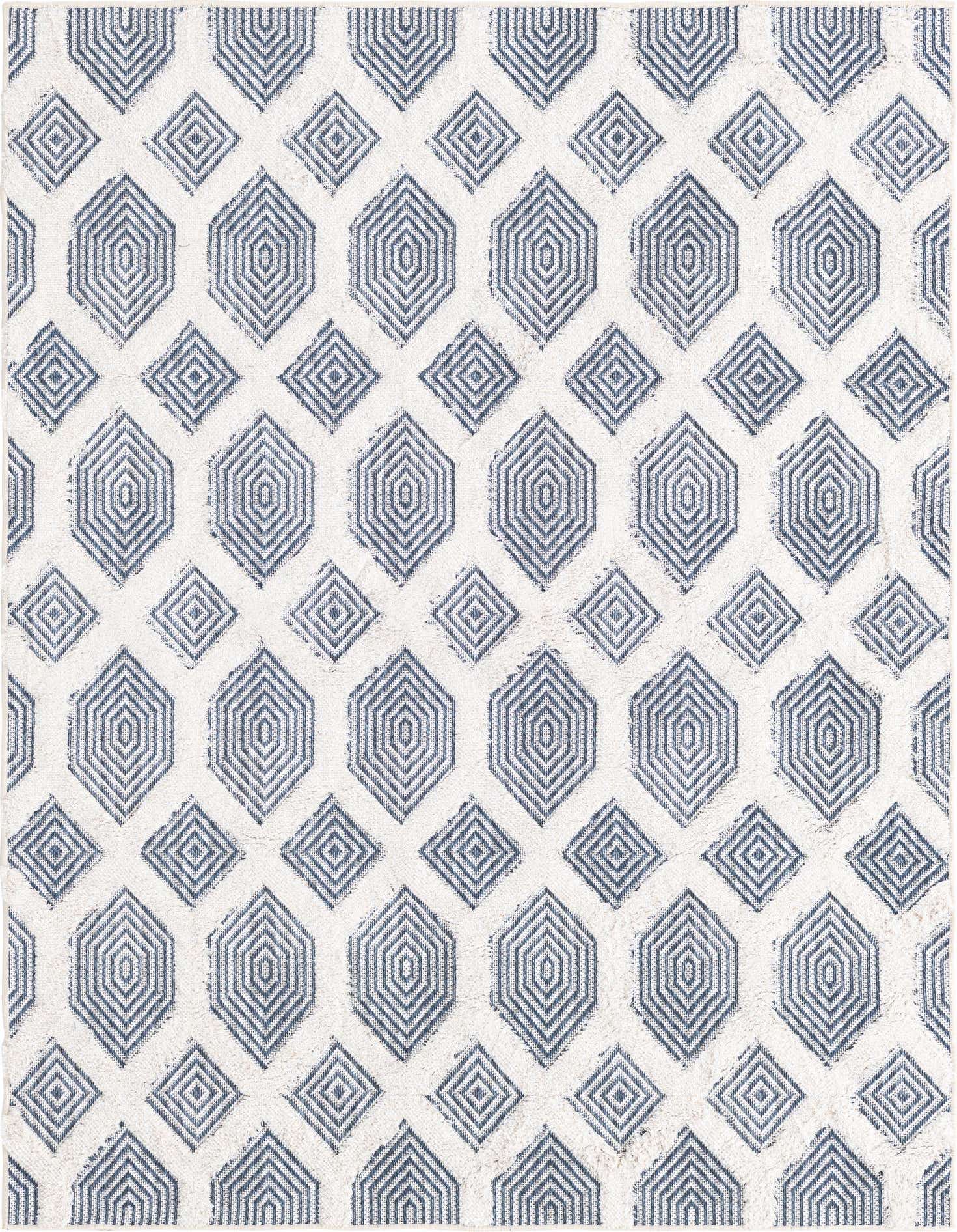 A 4x6 rectangular rug featuring a modern abstract pattern of concentric blue hexagons and diamonds on a white textured background.