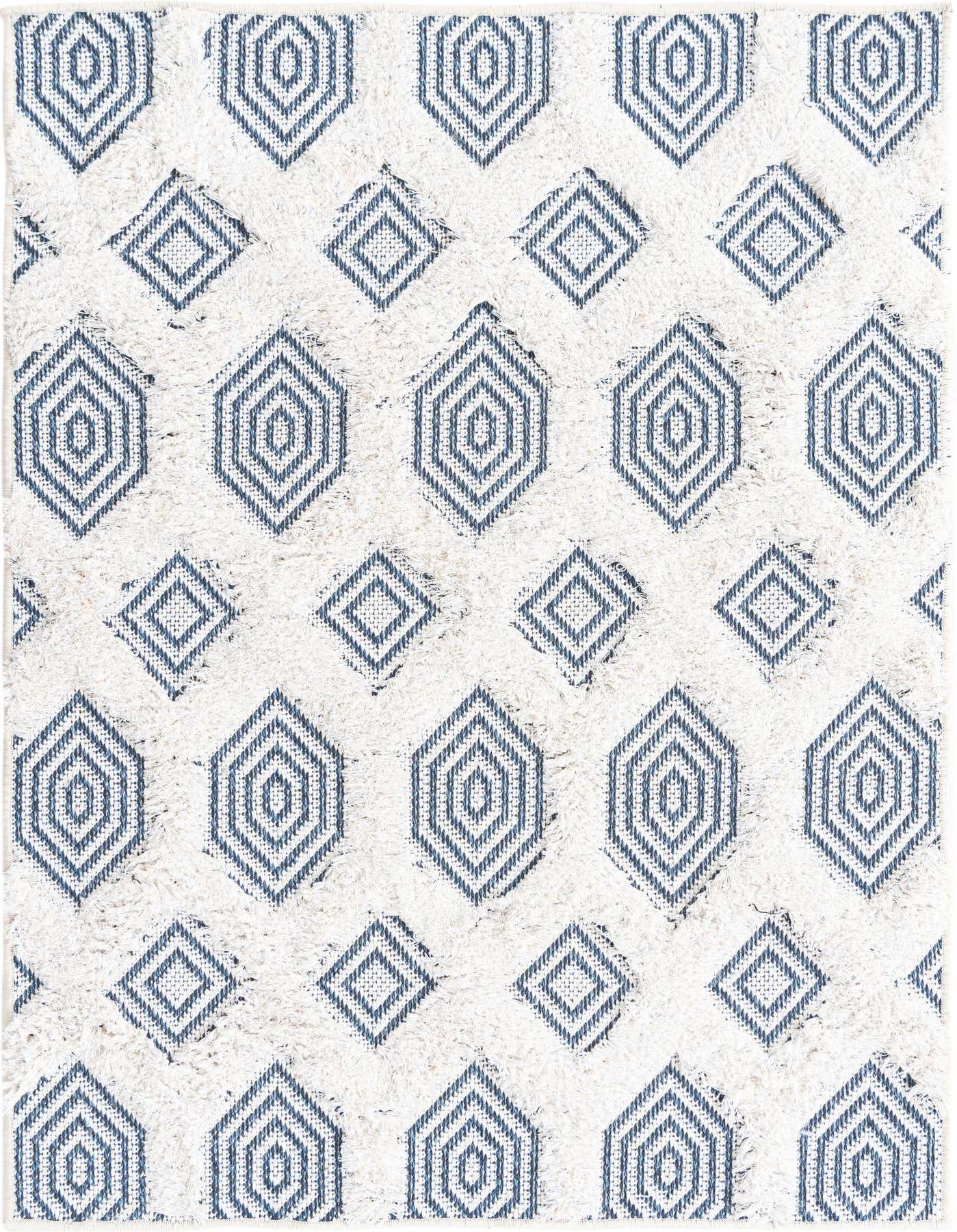 A 2x3 rectangular Rugs.com Sabrina Soto Casa rug featuring a modern abstract pattern of navy blue geometric shapes on a textured off-white background.