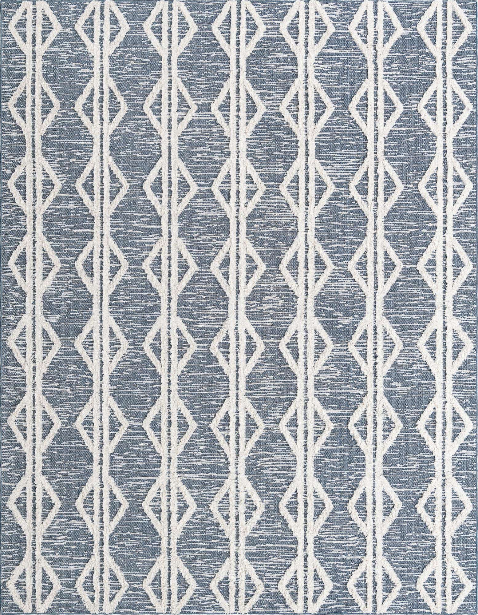 An 8x10 rectangular navy blue rug with a modern tribal stripe pattern of raised white diamonds.